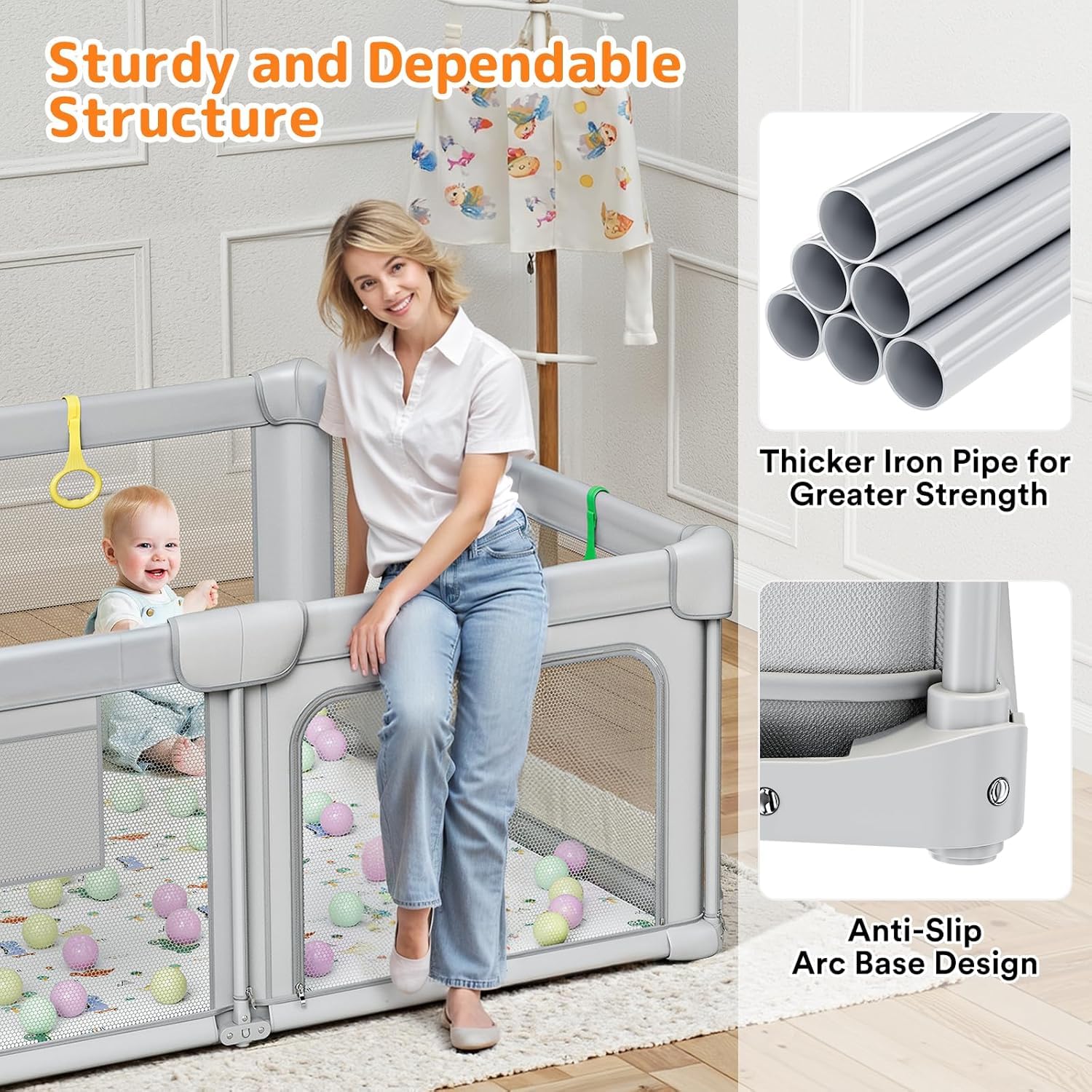 Laufstall Baby Faltbar mit Matratze 130x130x70cm | Klappbar&Tragbar Laufgitter mit Atmungsaktivem Netz, 300D Oxford Stoff, Rutschfester Basis, Ozeanbällen, Innen&Außen