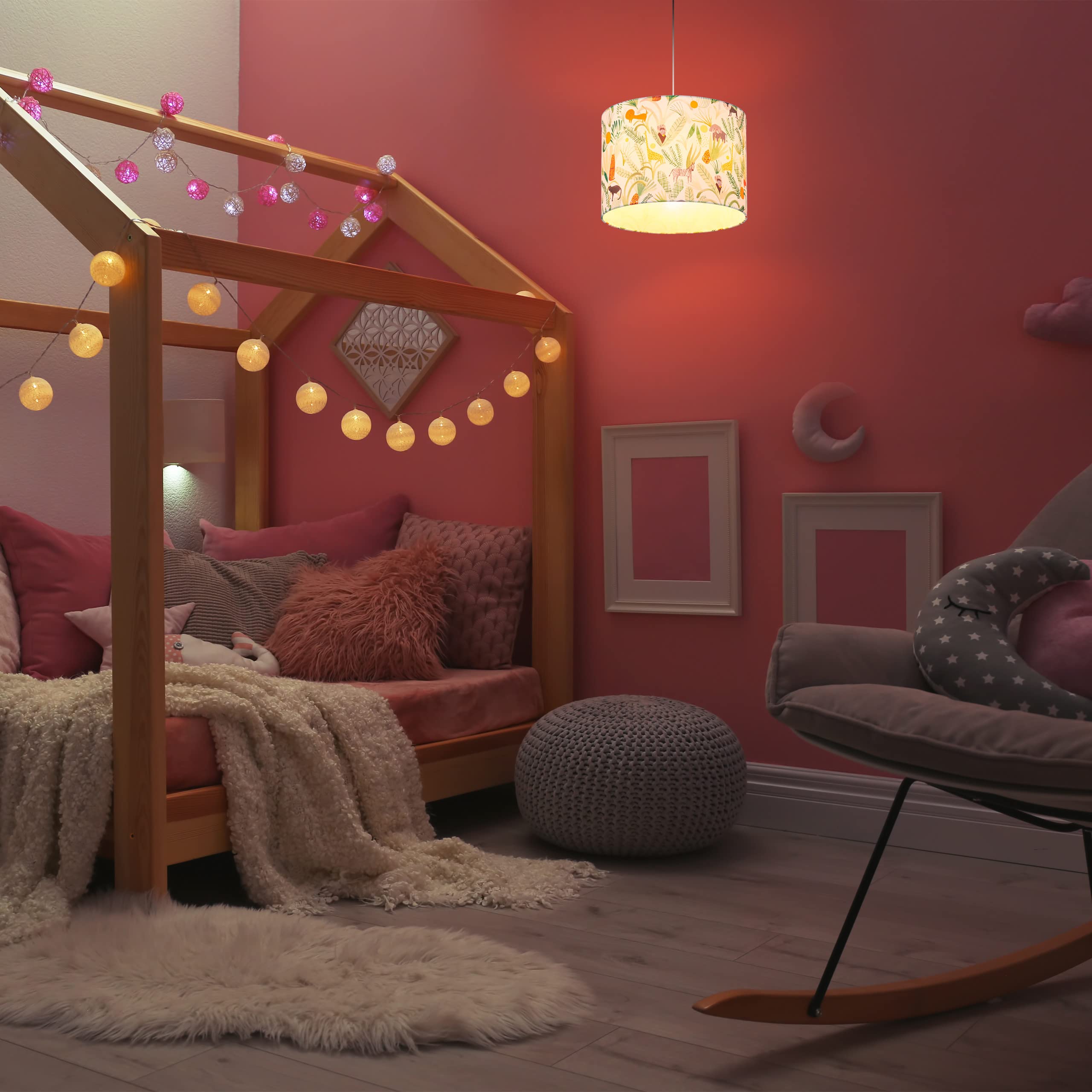 Relaxdays Hängelampe Kinderzimmer, Lampenschirm mit Dschungel-Motiv, HxD: 140x35 cm, E27, Pendelleuchte für Kinder, bunt