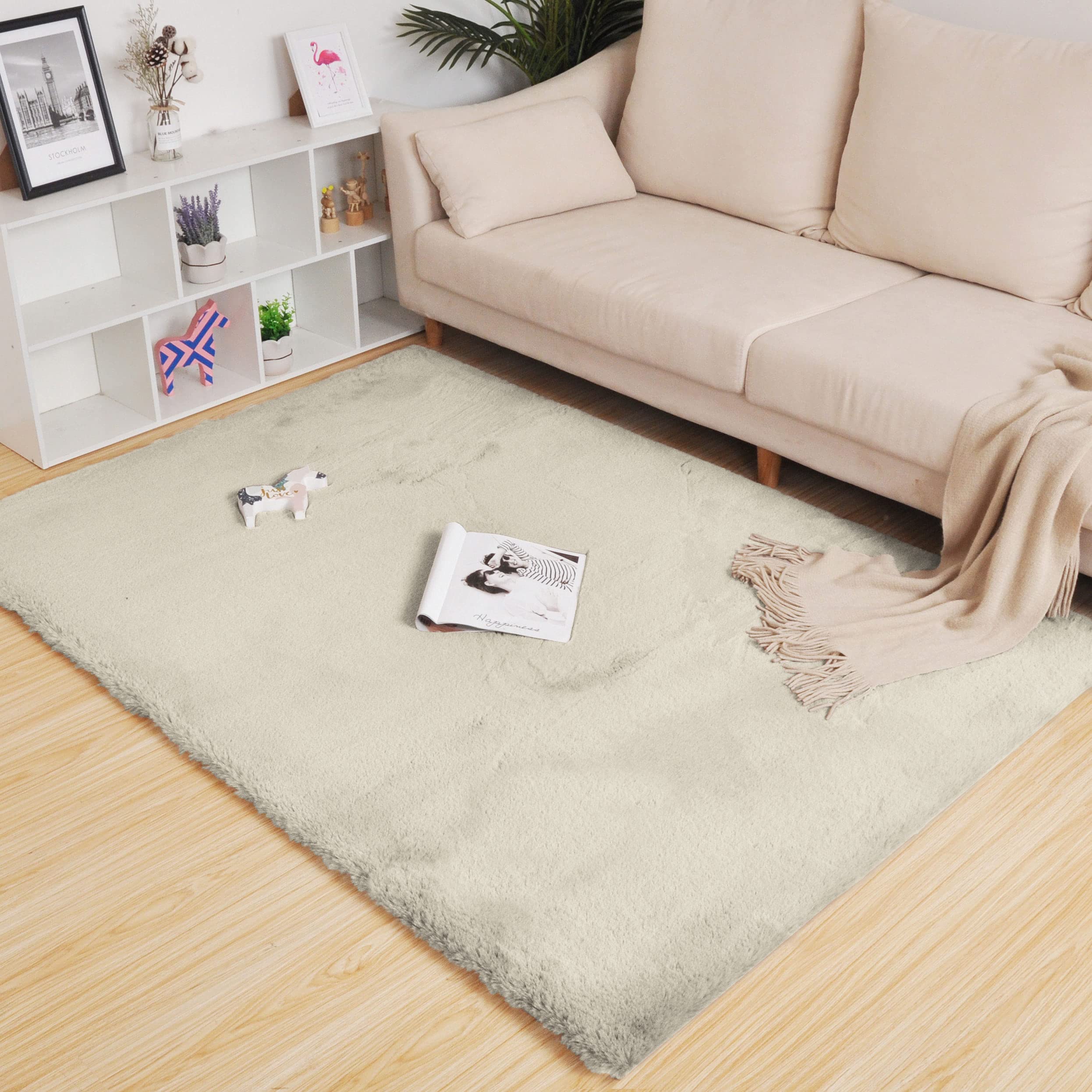 LUXE HOME INTERNATIONAL Ruffle Floor Rug Rabbit Fur 1000 GSM Living Room Rectangular Foot Mats Anti Skid Water Absorbent Easy Machine Washable Rug for Bedroom | Floor | 4 x 6 Ft | Beige | Pack of 1-picture-38