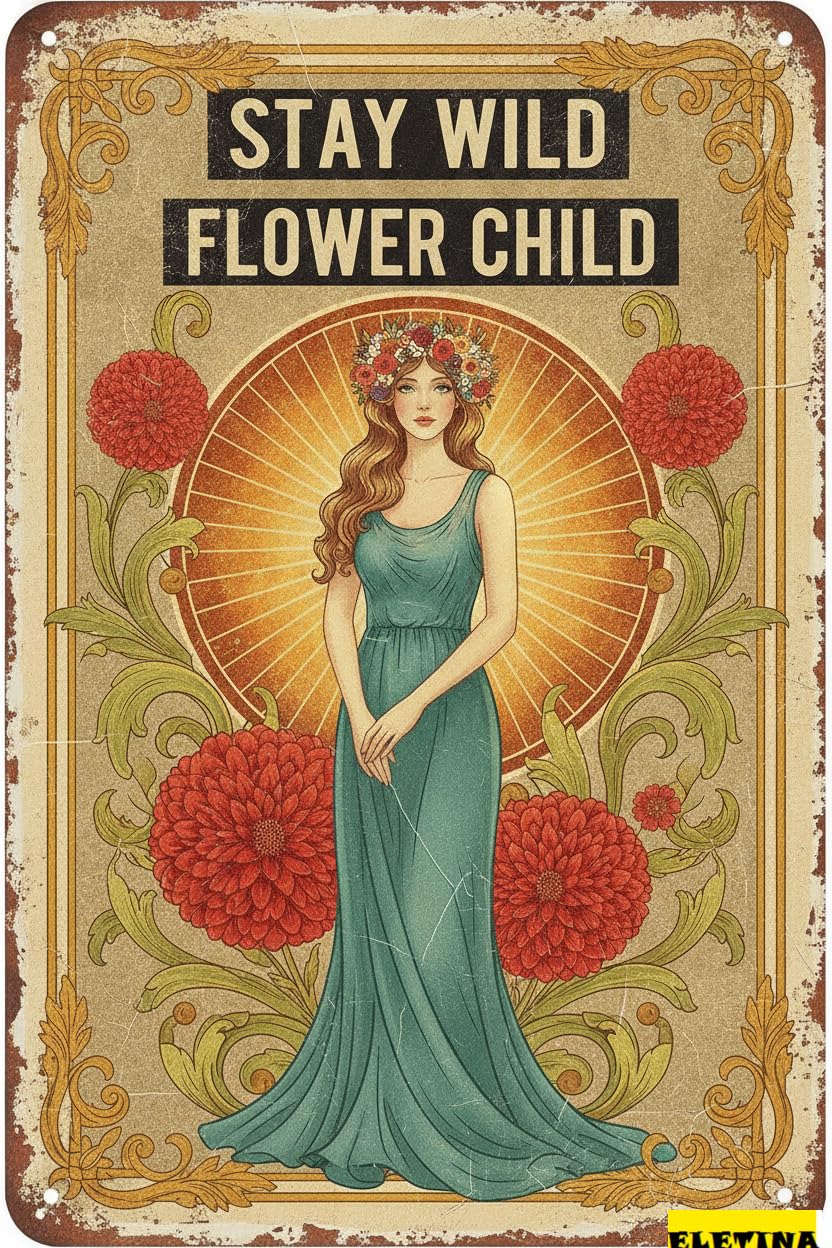 Personalized Sign for Man Cave Funny Metal Tin Hippie Stay Wild Flower Child Home Office Decorations 8x12inch-metal Framed Tin Painting Private Property Decorative