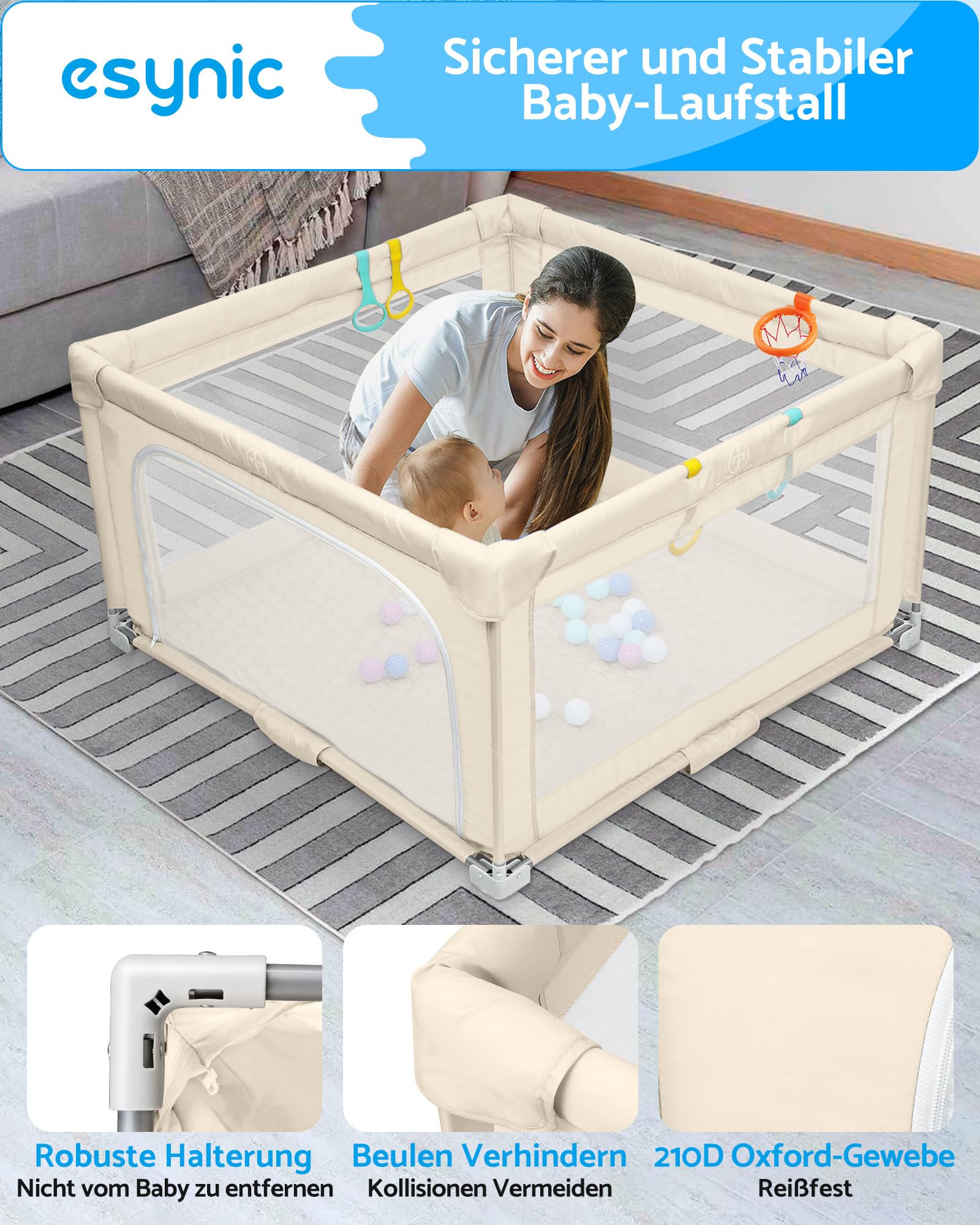 eSynic Laufstall Baby Faltbar Laufgitter mit Matte 150×150cm Klappbarer Extra Großes Indoor & Outdoor Sicherheitslaufstall mit Atmungsaktivem Mesh 50 Bällen Spielgriffen & Tragetasche Beige
