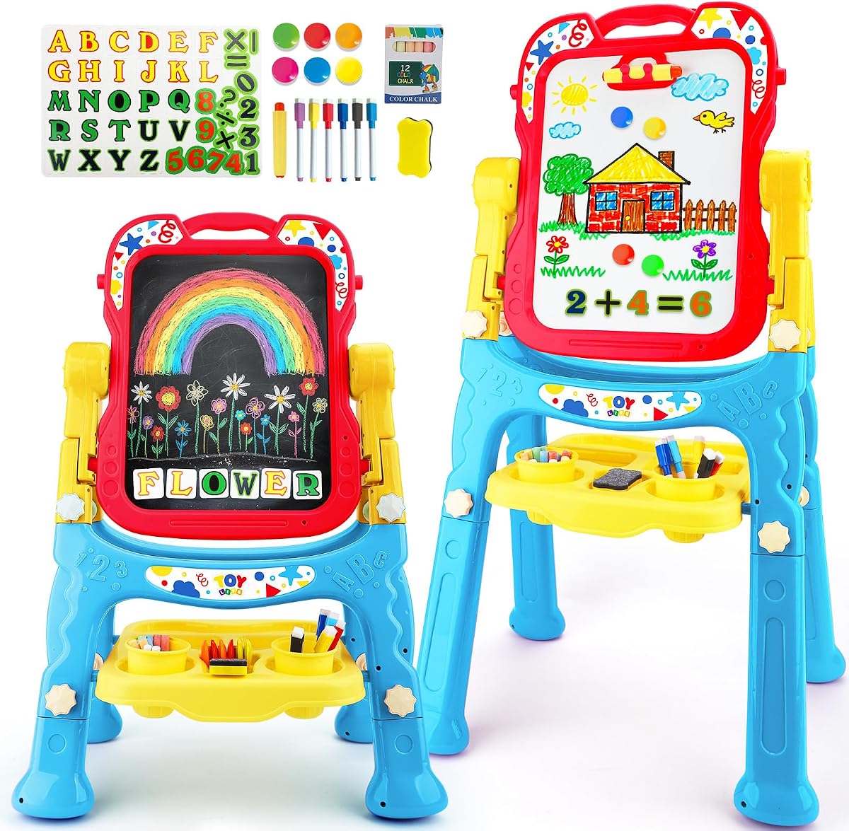 Caballete de arte infantil de doble cara 4 en 1, ajustable, azul y rojo | pizarra magnética y pizarra de borrado en seco, letras, números, marcadores, tiza, borrador