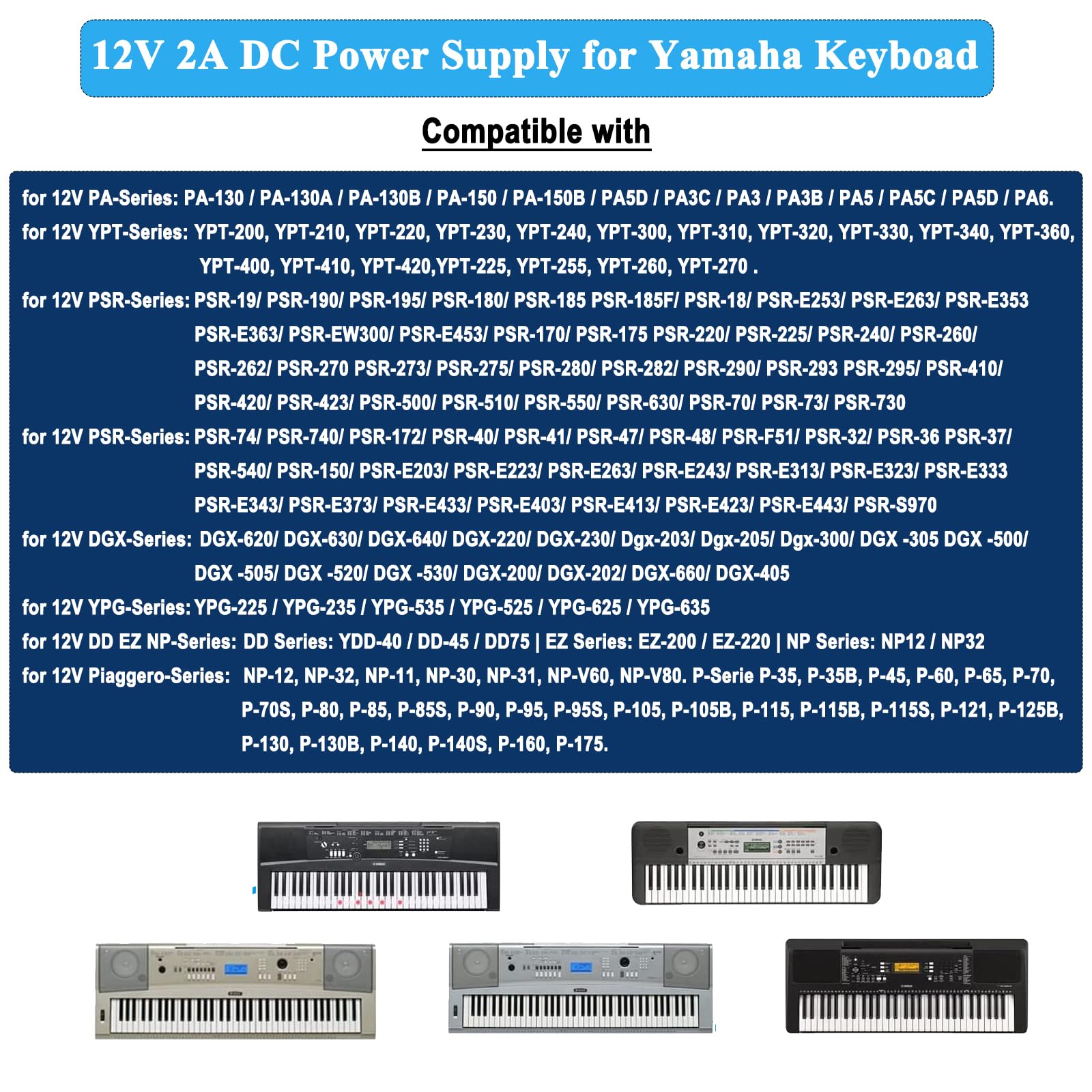 Adaptateur d'alimentation 12V pour Clavier Yamaha, Câble d'alimentation CA/CC 100-240V pour 12V 2A PA-130a PA-130b PA-150b P45 PA-3b PA-3c PA-5d PSR-210 PSR-78 P125 E373 Piano électronique.