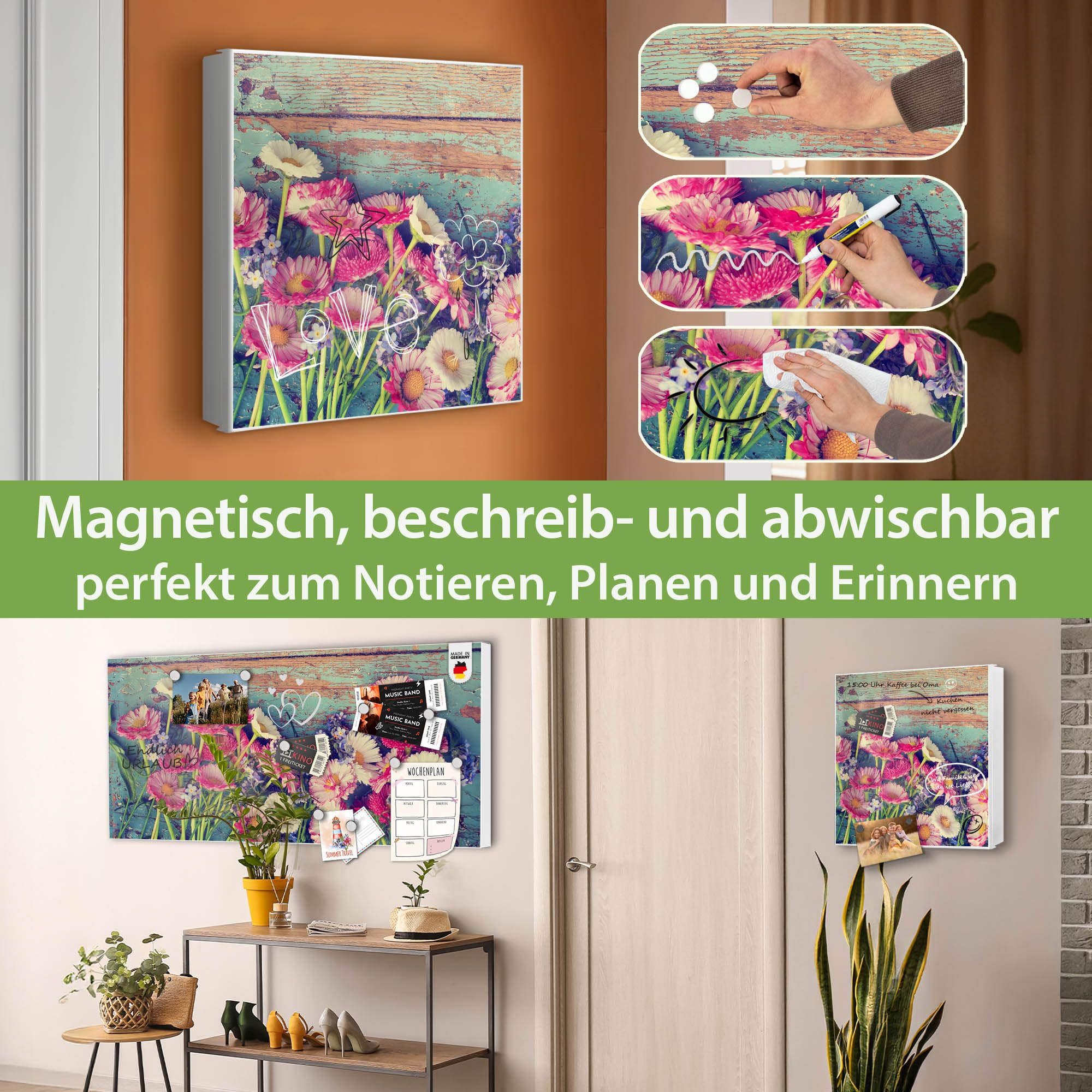 banjado Großer Schlüsselkasten Metall - Schlüsselbox 30x30cm beschreibbarer mit 32 Haken - Schlüsselkasten modern für Schlüsselaufbewahrung - Korpus Weiß Scharnier Rechts - Motiv Blumenpfücken