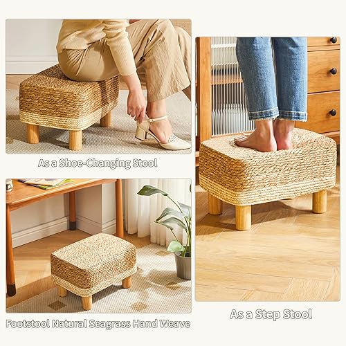 Miniatura 6 de YMYNY Taburete otomano rectangular pequeño reposapiés natural tejido a mano con patas de madera, reposapiés acolchados al aire libre para sala de