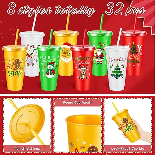 Miniatura 3 de 32 vasos de plástico de Navidad a granel con tapas y pajitas de 24 onzas, vasos reutilizables para fiestas de Navidad, vasos de plástico para niños