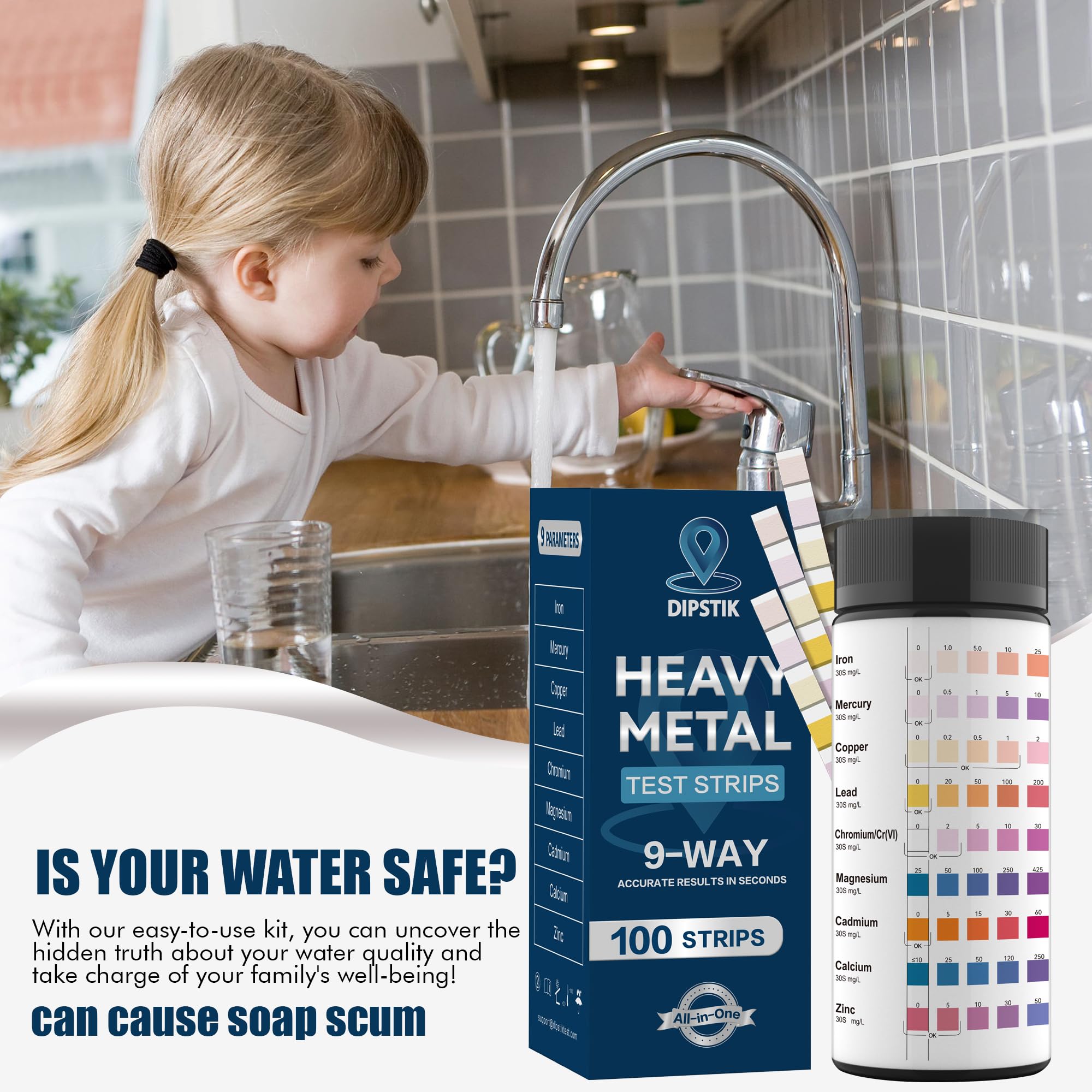 9 Way Heavy Metals Water Test Strips 100ct Home Water Testing Kit | for Iron Mercury Copper Lead Chromium Magnesium Cadmium CalciumZinc product thumbnail 7