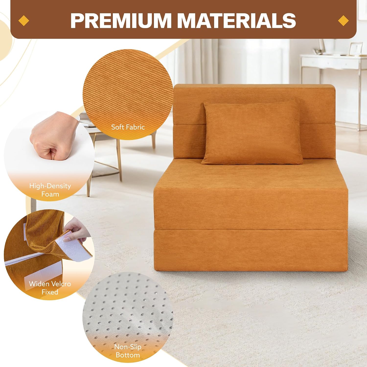 Fvkind Convertible Sleeper Chair, Memory Foam Cushion, Single Size, Yellow image 5