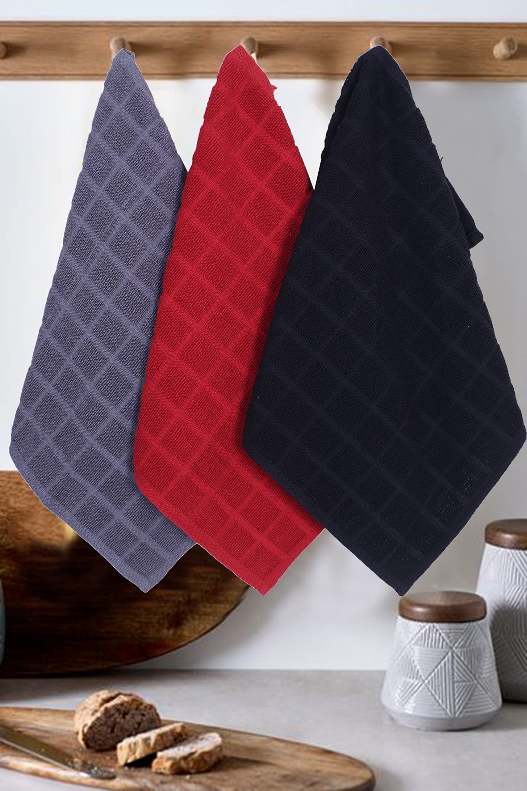 PRAKARTIK BY INDUARTS 100% Cotton 250 GSM Multi-Purpose Terry Dish Cloths Kitchen Wiping Cleaning Terry Kitchen Towel Set of 3 Piece (40x65 cm) Grey,Blue,Red