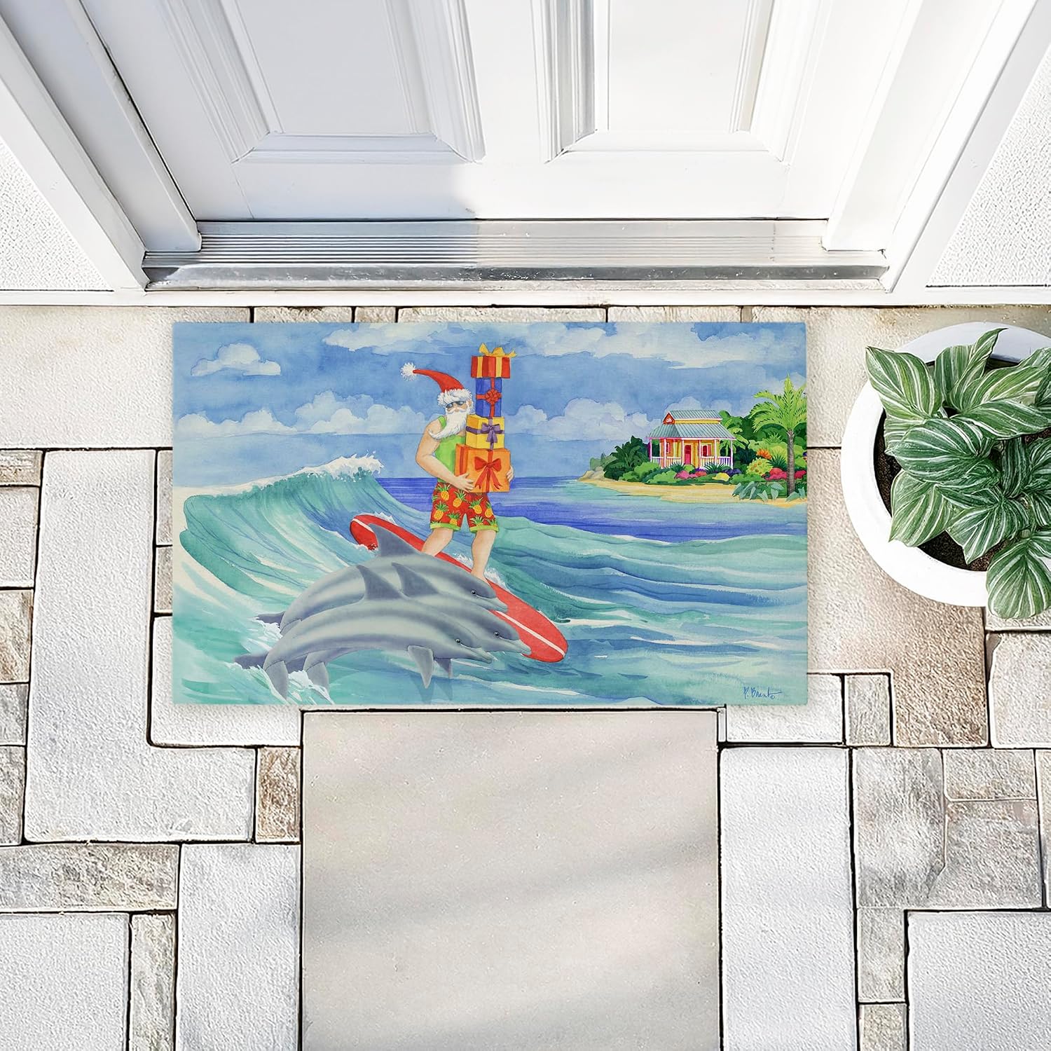 Stupell Industries Surfing Santa & Dolphins Outdoor Door Mat, Durable Non-Slip Unwoven Mat with Recycled Rubber Backing, Weather-Resistant Beach Holiday Surf Design by Paul Brent, 18"x30"