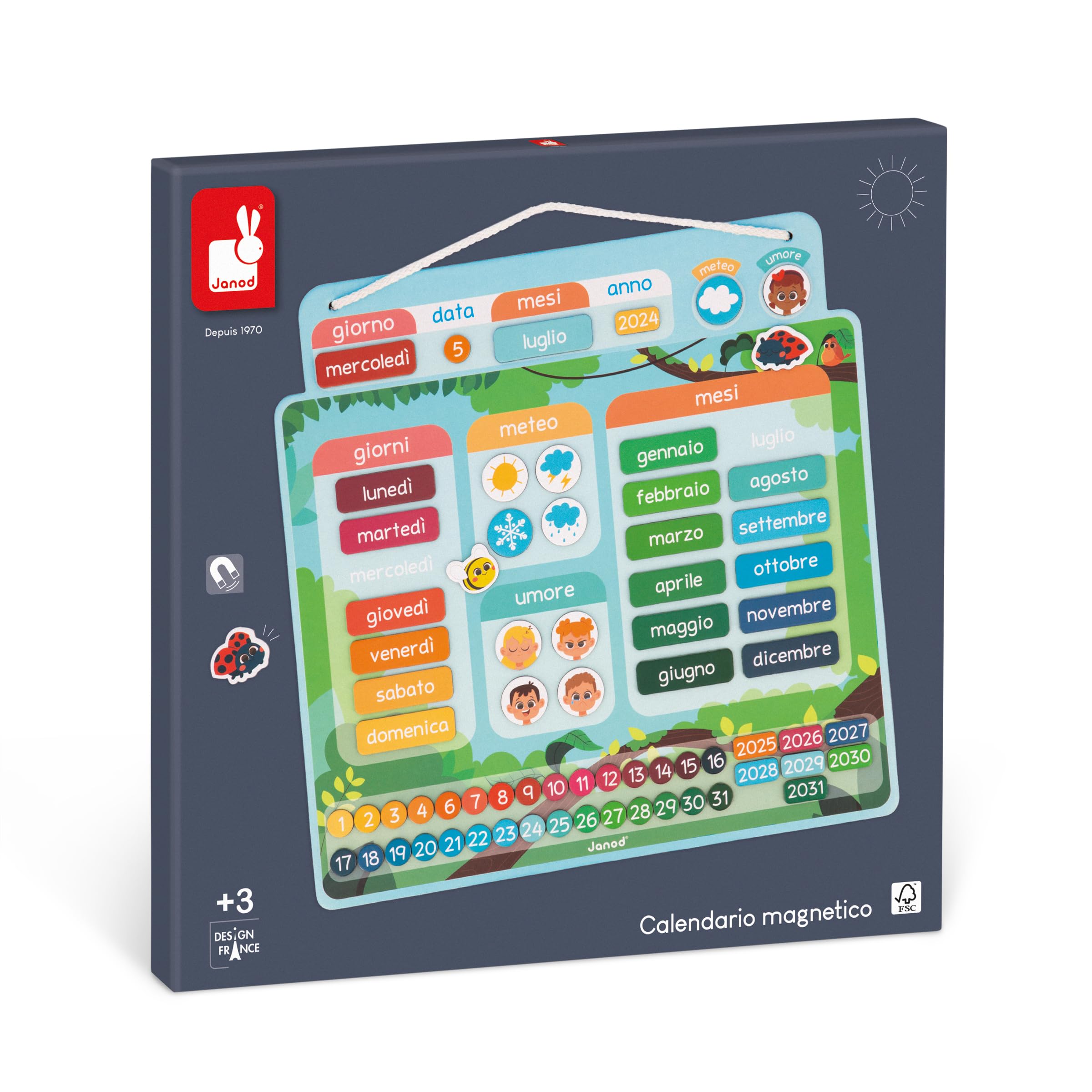 Janod - Calendario Magnetico Versione Italiana - 71 Calamite - Gioco Educativo - Comprendere la Nozione di Tempo e Acquisire Autonomia - Giocattolo in Cartone FSC - dai 3 Anni - J05467