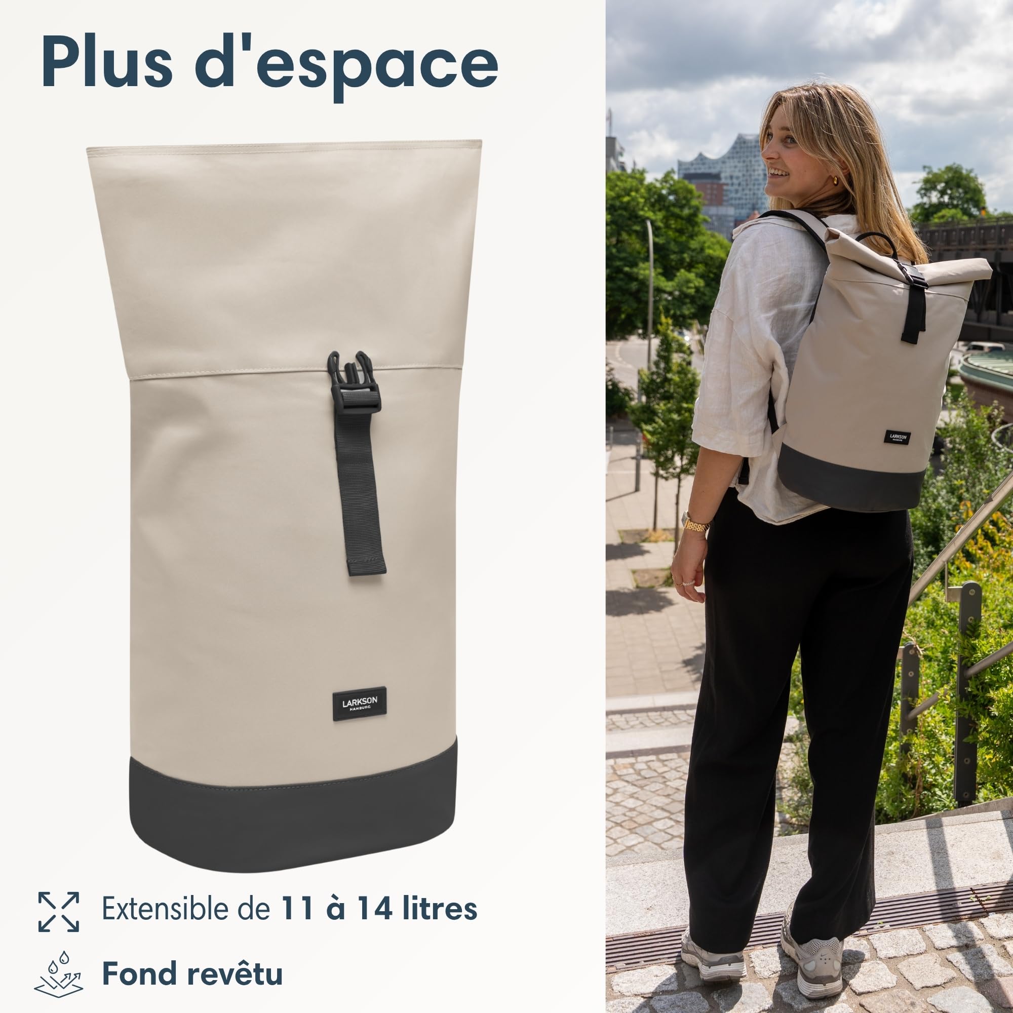 LARKSON Sac à Dos Femmes & Hommes Beige Gris - Janne Small - Petit Sac à Dos Rolltop avec Compartiment pour Ordinateur Portable - Pour Université Travail Voyages & Vélo - Hydrofuge