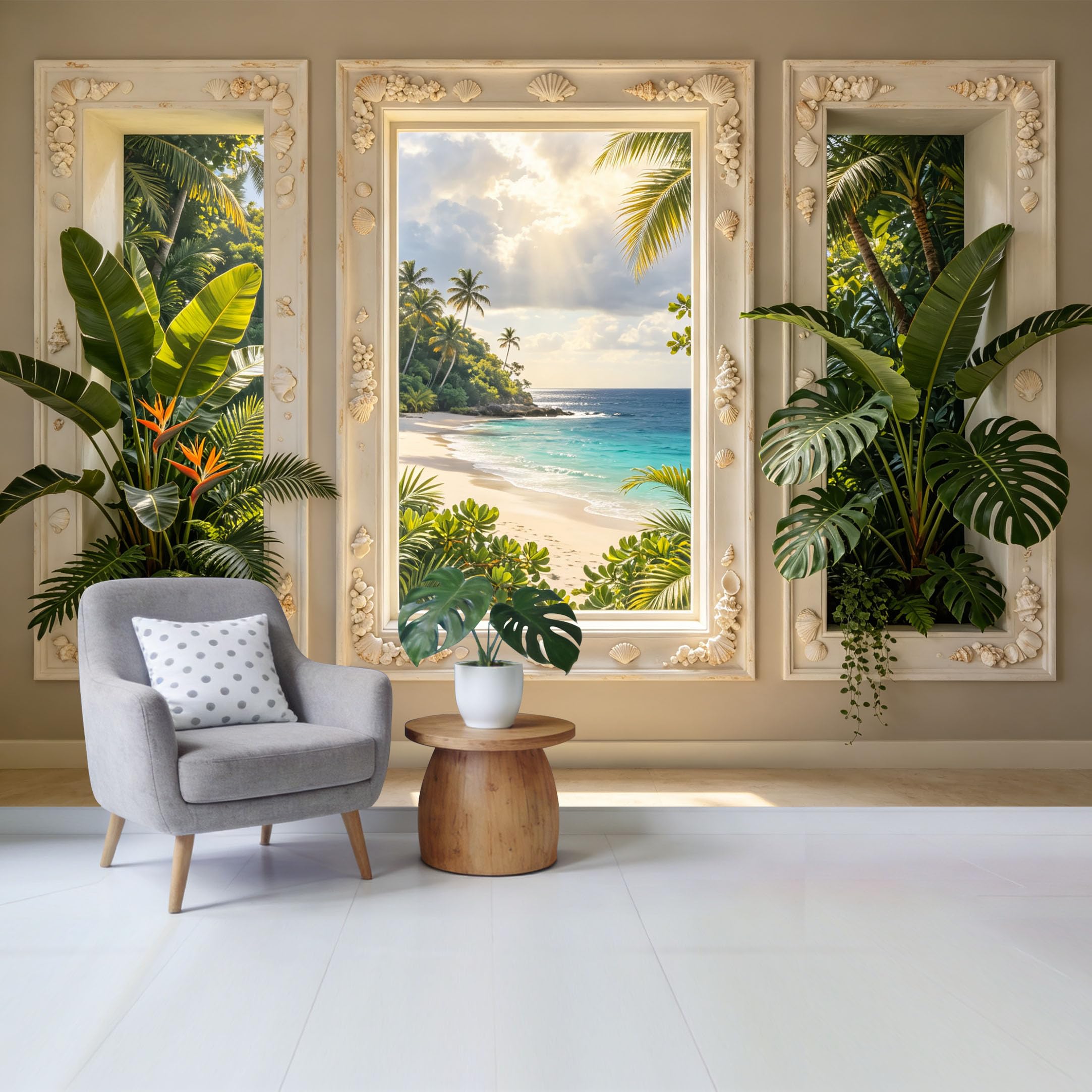 Custom Size Wall Mural Tropical Coastal Beach View with Palm Trees Ocean Breeze Removable Self Adhesive Fabric Home Wall Decor for Living Room Bedroom Bathroom