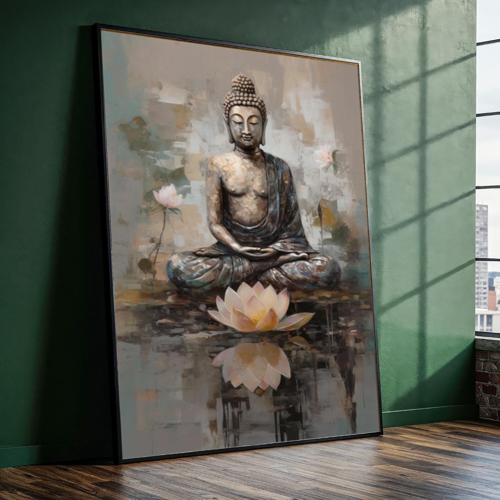 Xinbao Frameless Calm Meditative Buddha Canvas Painting Ready To Hang, Zen Boho Posters Prints, Lotus Reflection Decor Canvas Wall Art(21X30cm/Frameless)