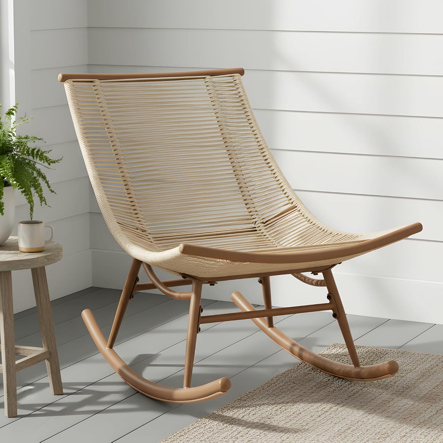 Merax Outdoor Rocking Chair, Sturdy Metal Frame & Beige PE Rattan, All Weather Resistant Porch Rocker Chair, Smooth Arc Design & Comfortable Seating, 1Pc