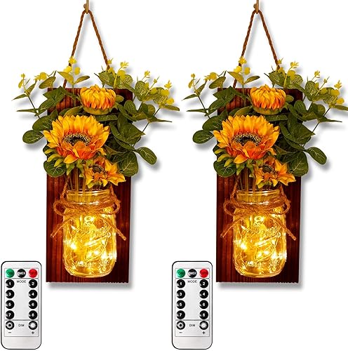 OurWarm Juego de dos apliques de pared de girasol, apliques de tarro de masón, decoración de pared de granja viene con control remoto y luces LED de