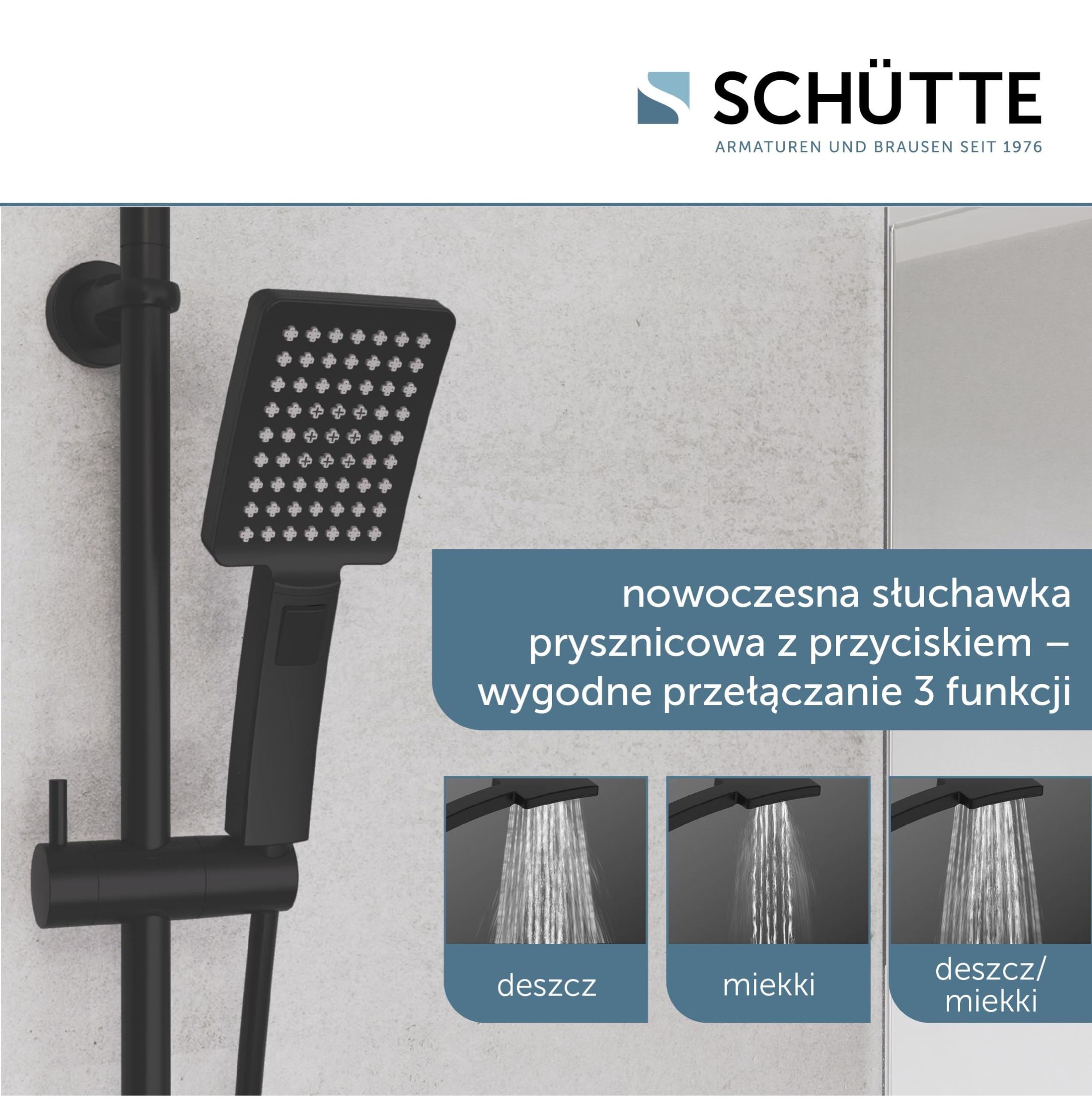 Schütte Zestaw prysznicowy MALLORCA kolumna prysznicowa z dużą deszczownicą, słuchawka prysznicowa z 3 rodzajami strumienia, system prysznicowy bez armatury, czarny matowy