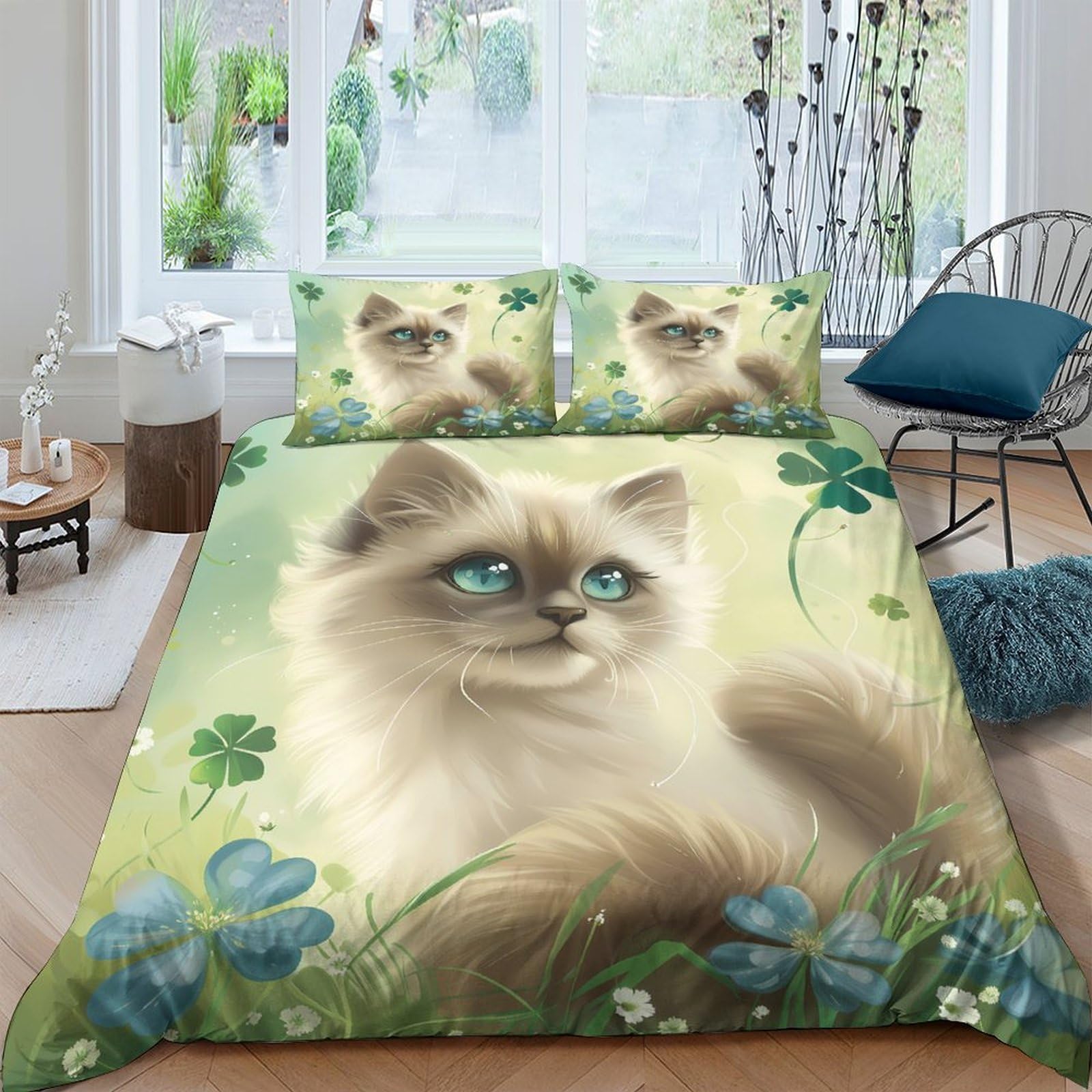 Ctjqhvkz Style-8 3D Printed Fluffy Cat Fitted Sheet Microfiber Soft Green Clover Mattress Cover For Bedroom Guest Room Decor Easy Care Single（135X200cm）