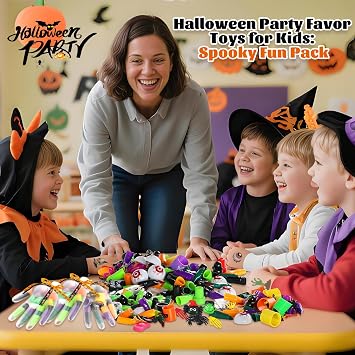 338PCS Halloween Party Favors for Kids, 24 Pack Halloween Toys Bulk with Glove Treat Bag for Kids Classroom Prizes, Halloween Goodies Bag Stuffers, Non Candy Trick or Treat Toys Party Giveaways
