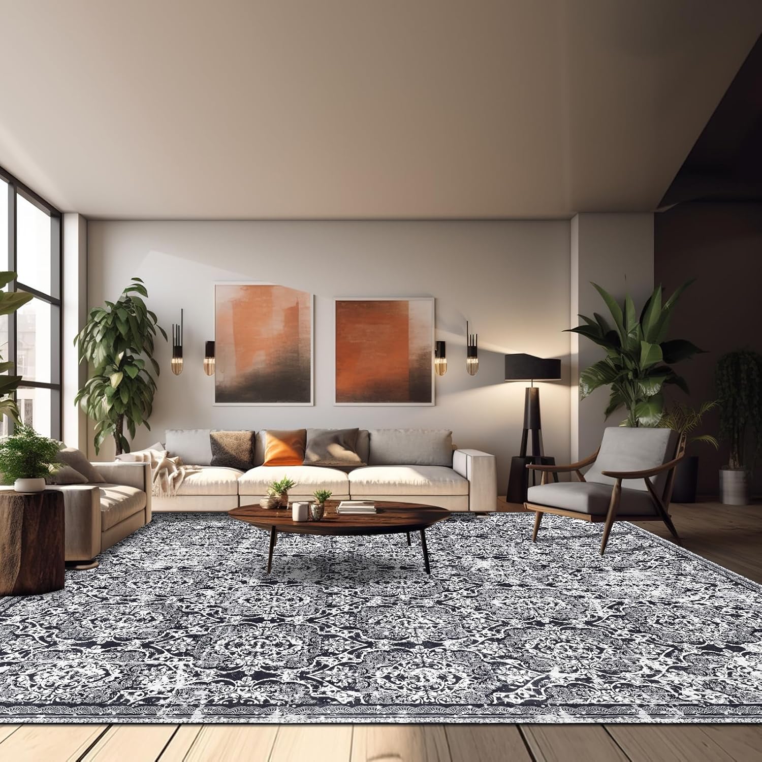 Vaukki Living Room Rug, Vintage Shaggy Soft Laundry Rug, Non Slip Kitchen Area Mat, Washable Farmhouse Bedroom Area Carpet for Bathroom, Kitchen and Kidsroom (8'x10', Black)