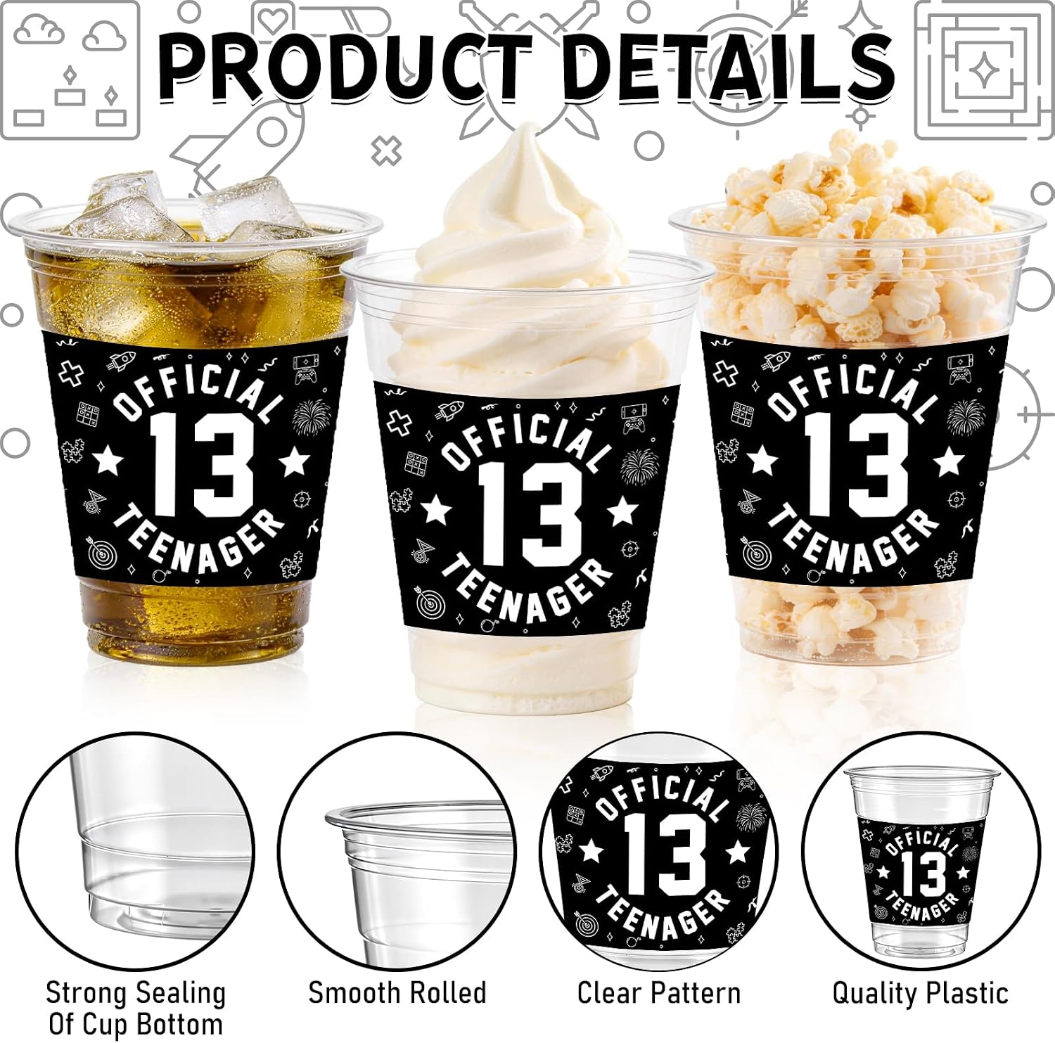 13th Birthday Plastic Cups - 50pcs 12oz Disposable Drink Party Cups for Teenage Boy Birthday Decorations - Official Teenager 13 Year Old Boy Bday Decoration