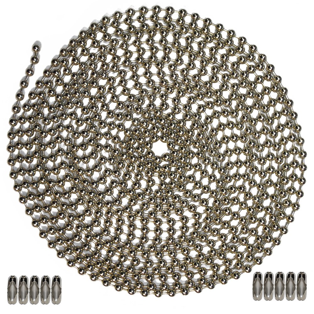 10 Foot Length Ball Chain, Number 6 Size, Nickel Plated Brass, & 10 Matching Connectors