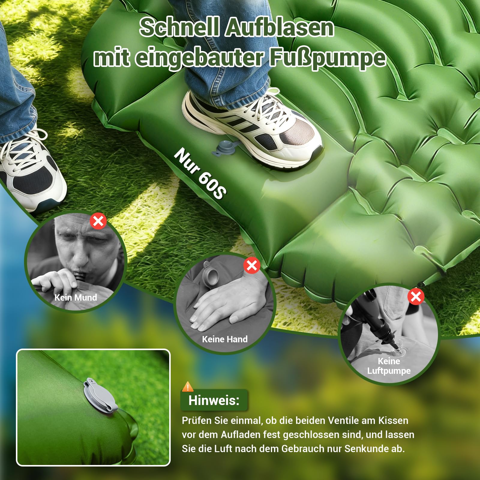 Isomatte Camping Luftmatratze Aufblasbare Matratze, Ultraleicht, Kompakte, Dick, Aufblasbar Sleeping Mat Strandmatte Outdoor mit Fußpumpe Kissen, Wasserdicht Schlafmatte für Wandern Strand Zelt Reisen