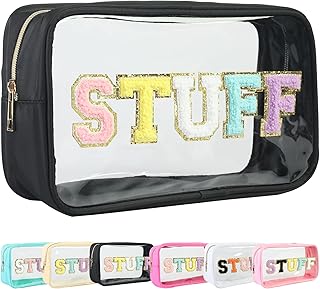 Large Clear Chenille Letters Black Stuff Makeup Bag for Travel,Clear Preppy Patch Stuff Make Up Bag,Clear Glitter Chenille Letters Cosmetic Bag,Clear Toiletry Stuff Pouch for Women