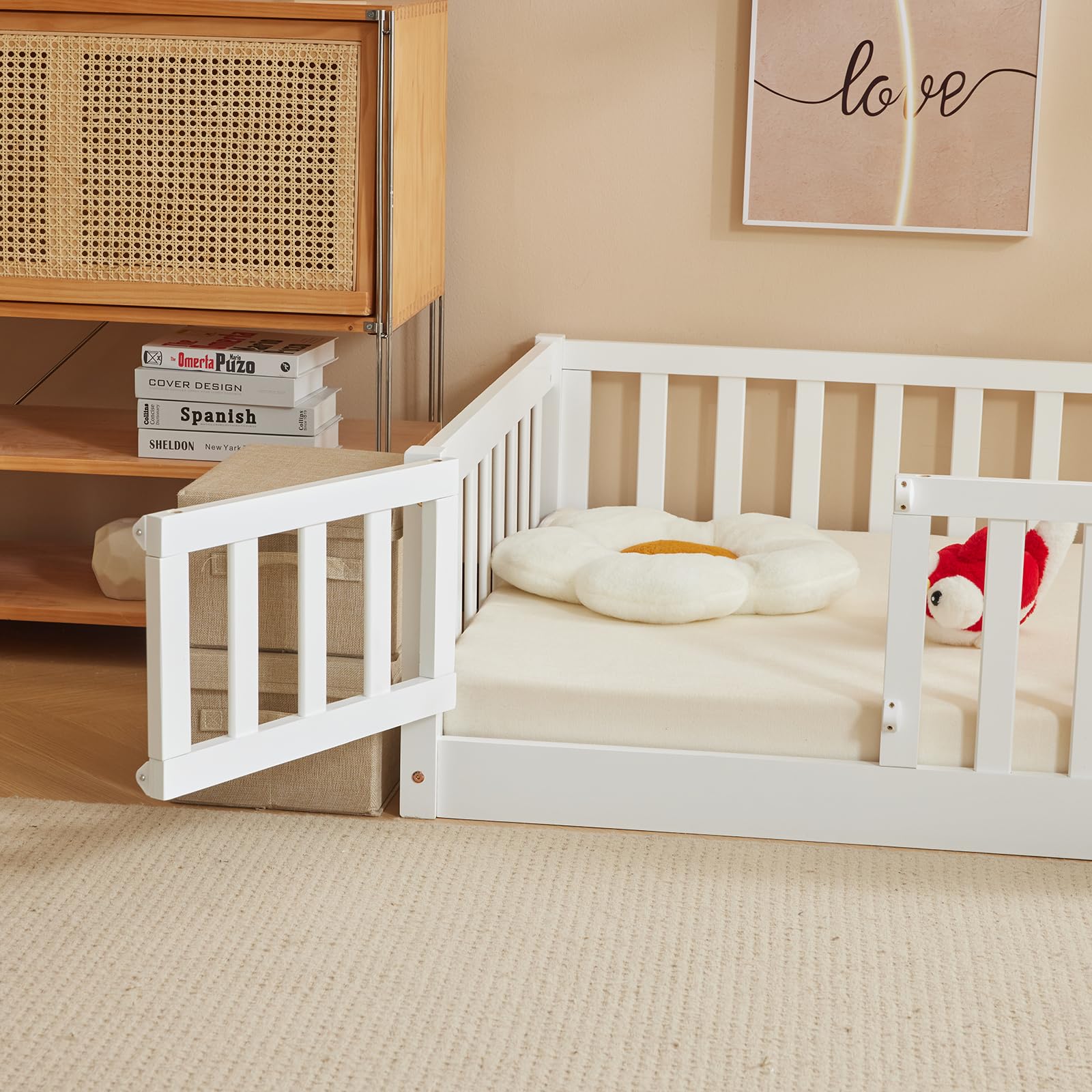 Bonnlo Cama Infantil con Puerta, Barrera anticaída, 90x200 cm Blanca, Cama casita de Madera Maciza con somier (Blanco, 90x200cm)