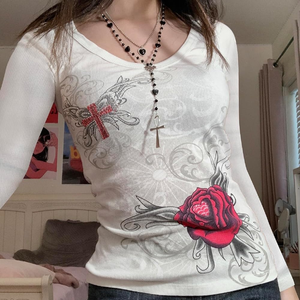 Y2k 2000s Shirt Women Graphic Long Sleeve Streetwear Crop