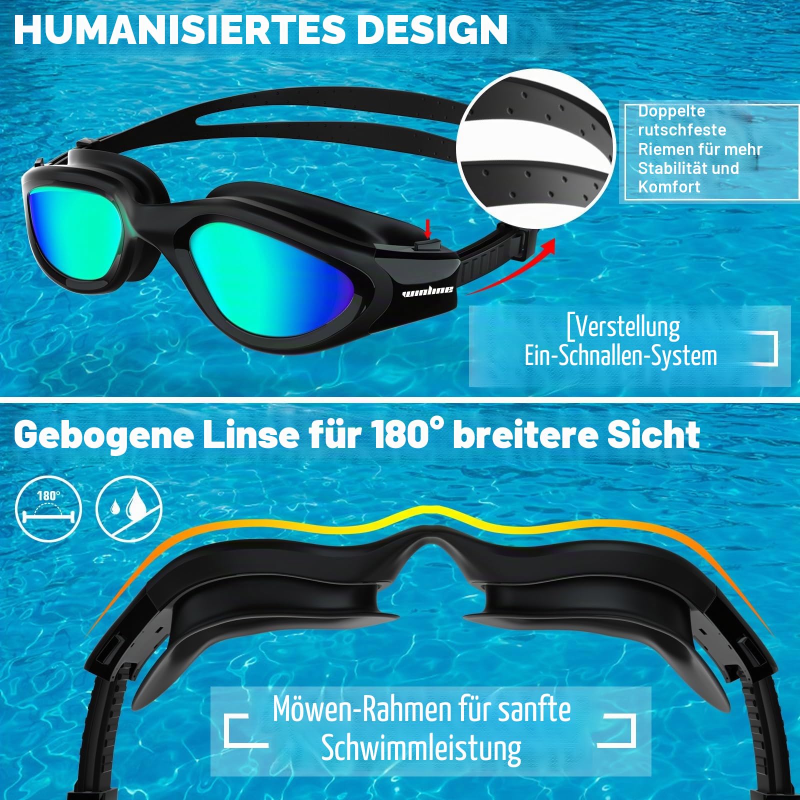 Winline Schwimmbrille Erwachsene Jugendliche,Anti-Beschlag-UV-Schutz Wasserdicht klare Sicht einfach einzustellen mit weichen Nasenstegen für Herren Damen