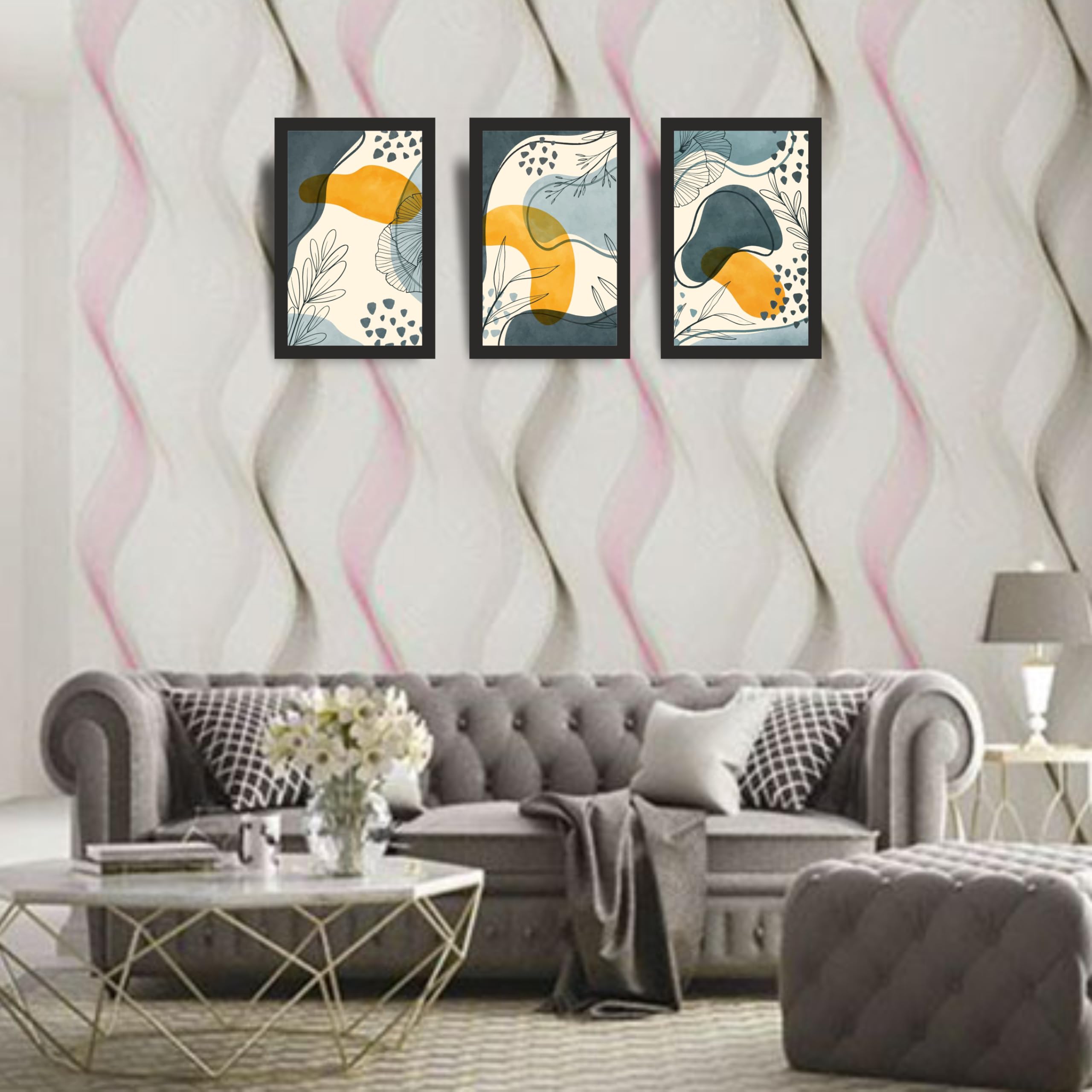Modern Botanical Abstract Wall Art Set of 3 Frames
