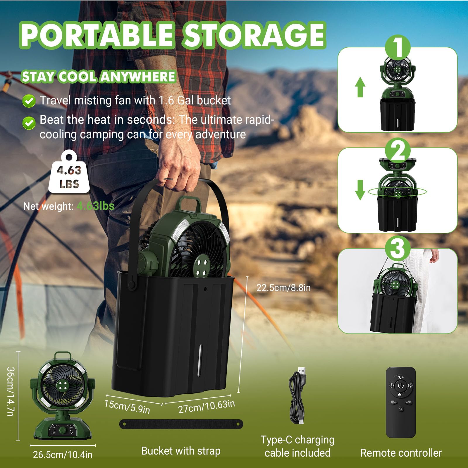 Ventilador de camping con cubo 6L y LED, 20000mAh Battery Portable Misting Fan, 3 modos de nebulización, oscilación vertical 45°, ventilador de nebulización para acampar/pesca/viaje, verde