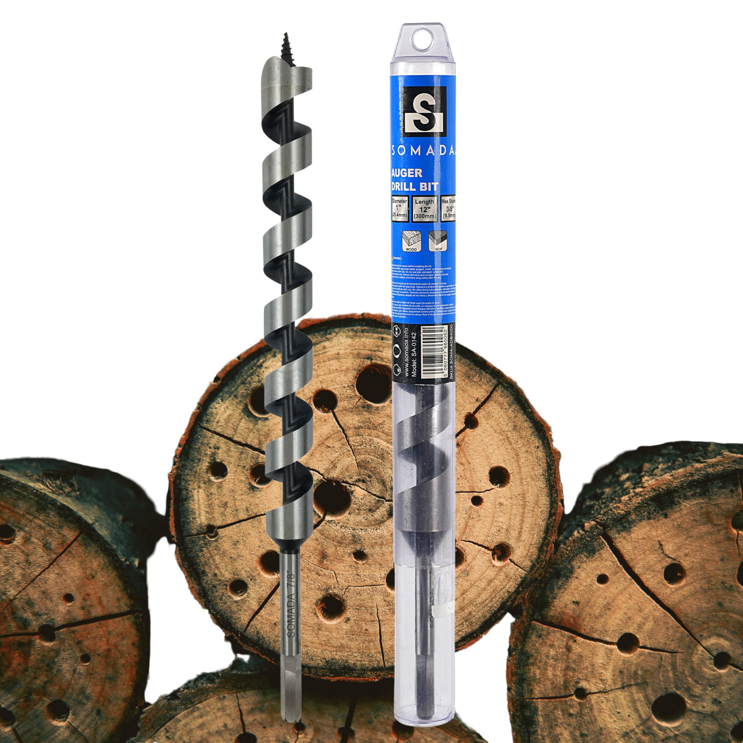 SOMADA 7/8-Inch x 12-Inch Auger Drill Bit for Wood, Quick Change Hex Shank 3/8-Inch One Piece, Ship Auger Long Drill Bit for Soft and Hard Wood,