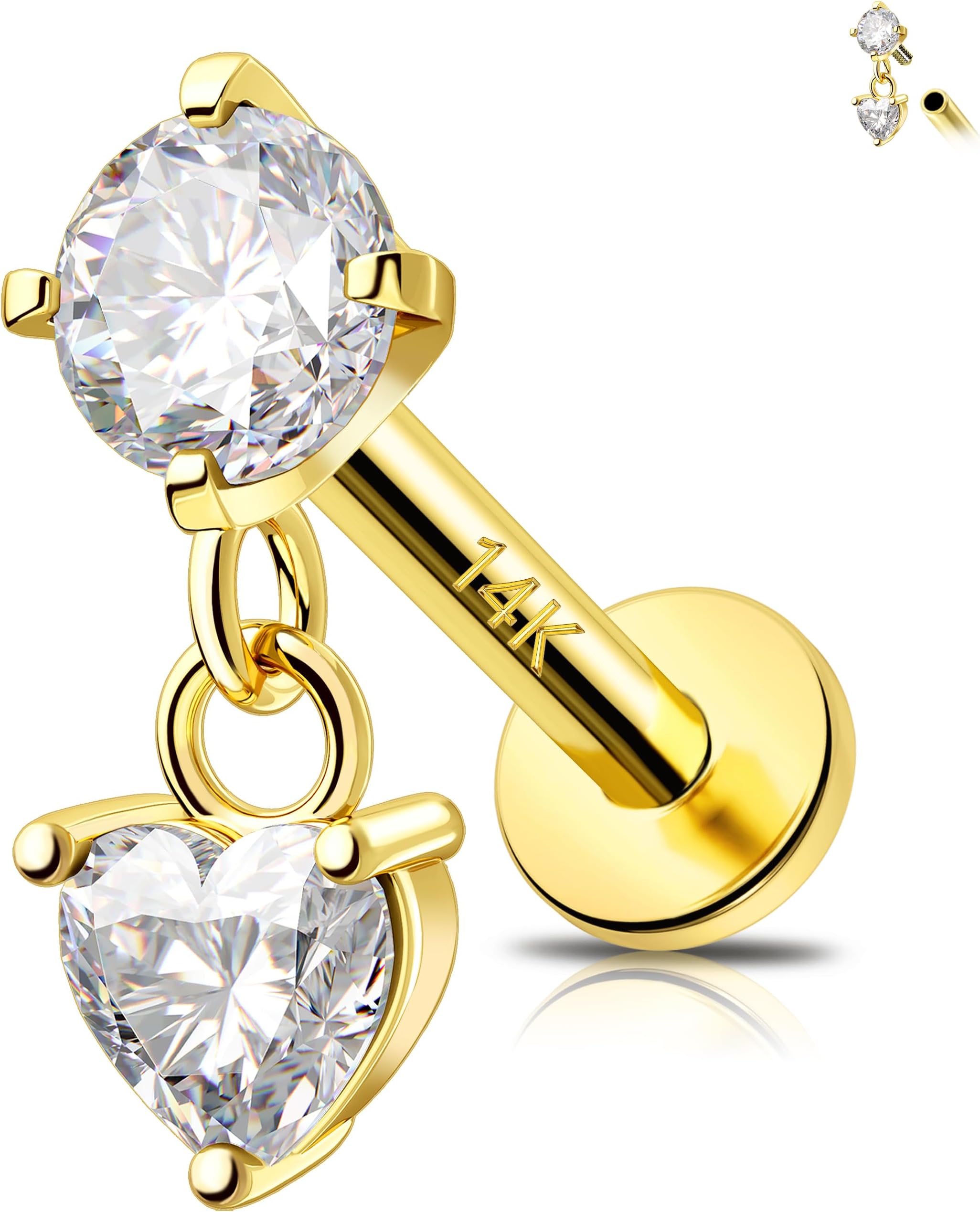 MeIighting 14K Solid Gold Helix Earring Clear CZ, Dangle Internal Thread Flat Back Earring, Teardrop Heart Round Cartilage Tragus Conch Piercing Jewelry for Women 6/8 mm