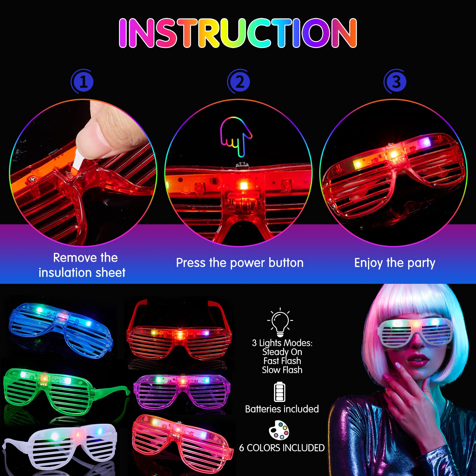 Lot de 60 chapeaux de fête néon avec 30 lunettes lumineuses à DEL en plastique de couleur fluo pour fête des années 80