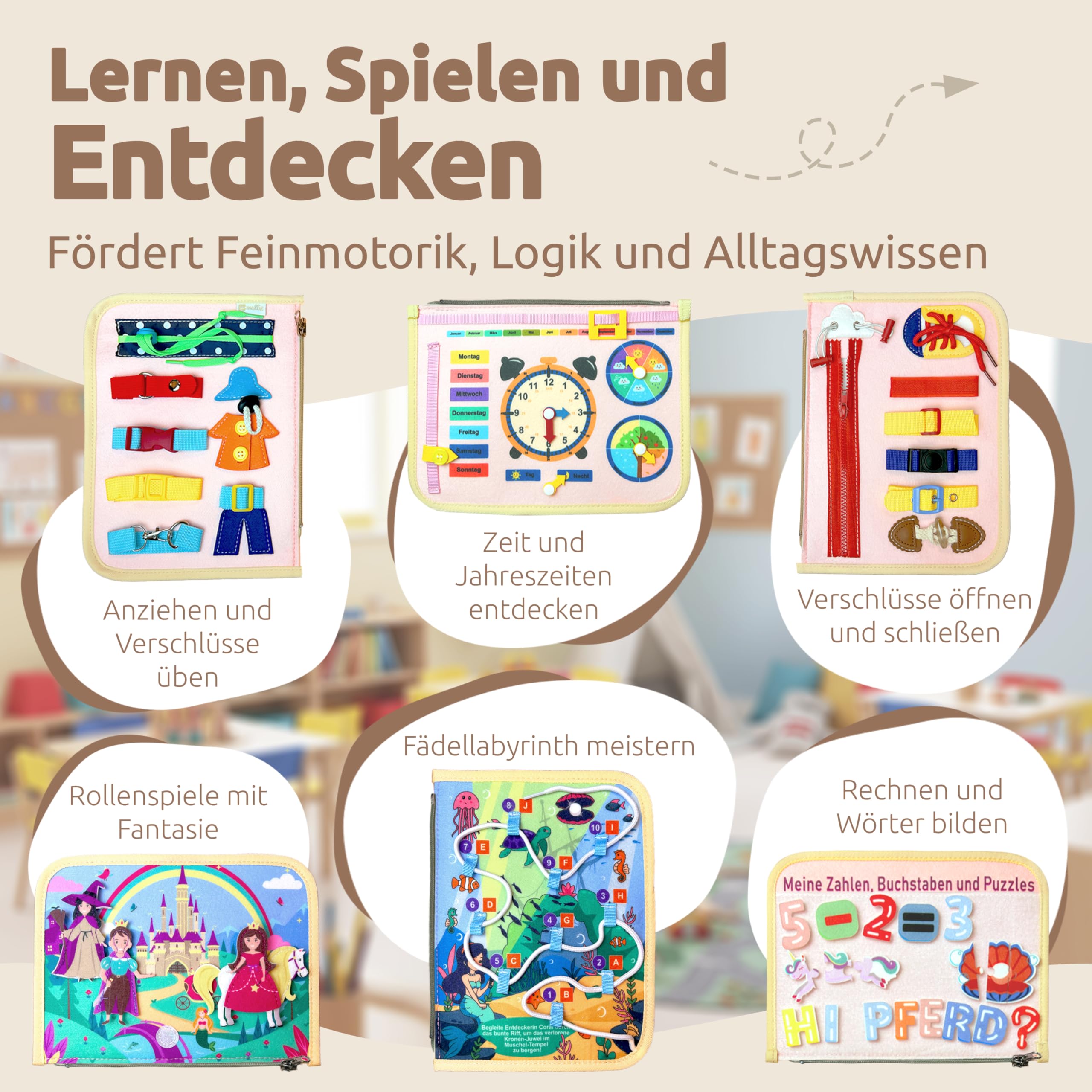 Mallie® Montessori Busy Board ab 1 2 3 4 Jahren inkl. Gratis Mal & Rätsel 48-Seiten Heft mit Rollenspiel-Set & Fingerpuppen Lernbuch - Feinmotorik & Konzentration Quiet Book, Activity Board Quiet Book