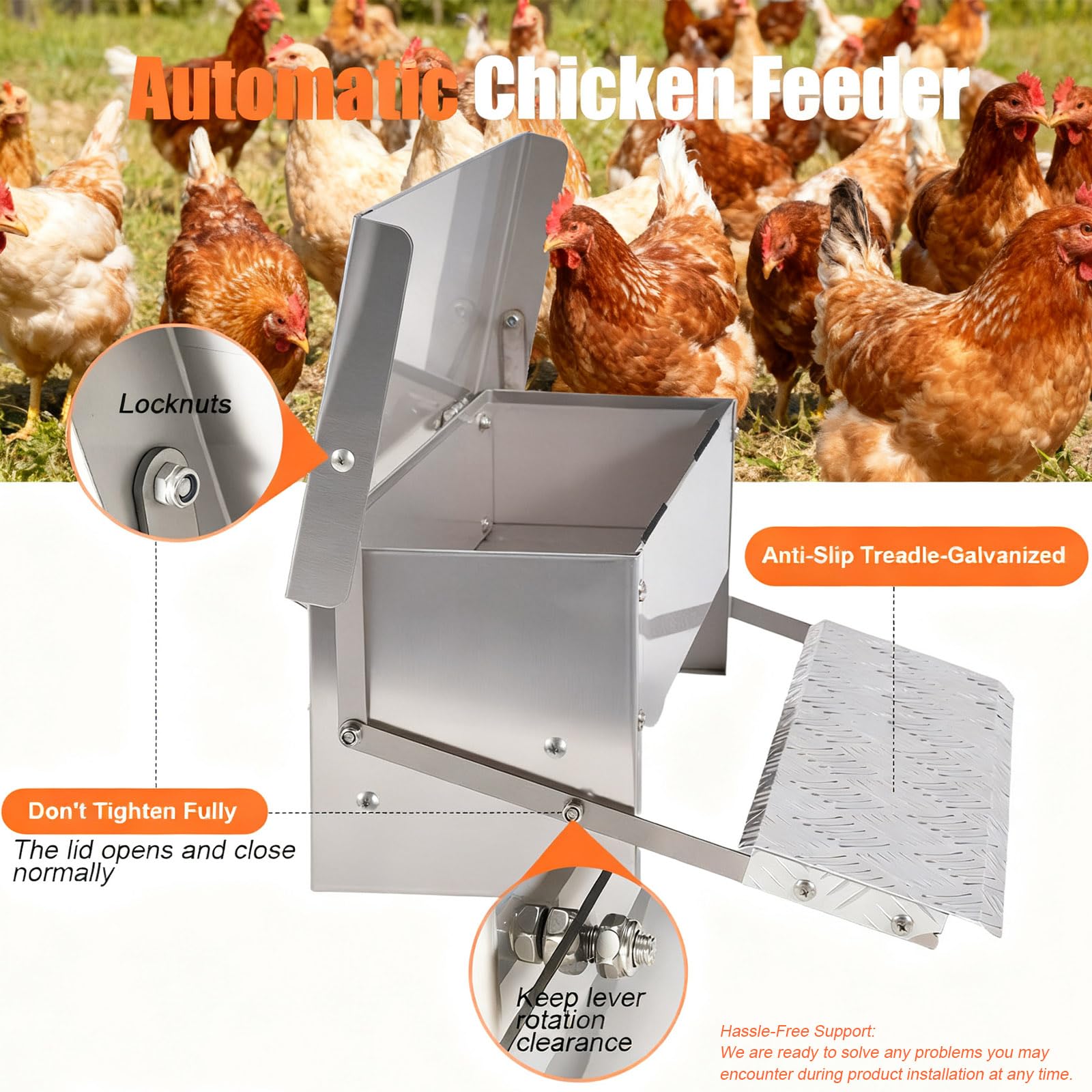 Comedero automático para pollos, comedero de aves de corral, sin residuos de metal, comedero de pedal con tapa resistente a la intemperie, comedero exterior para patos, bantamos, faisanes, 6