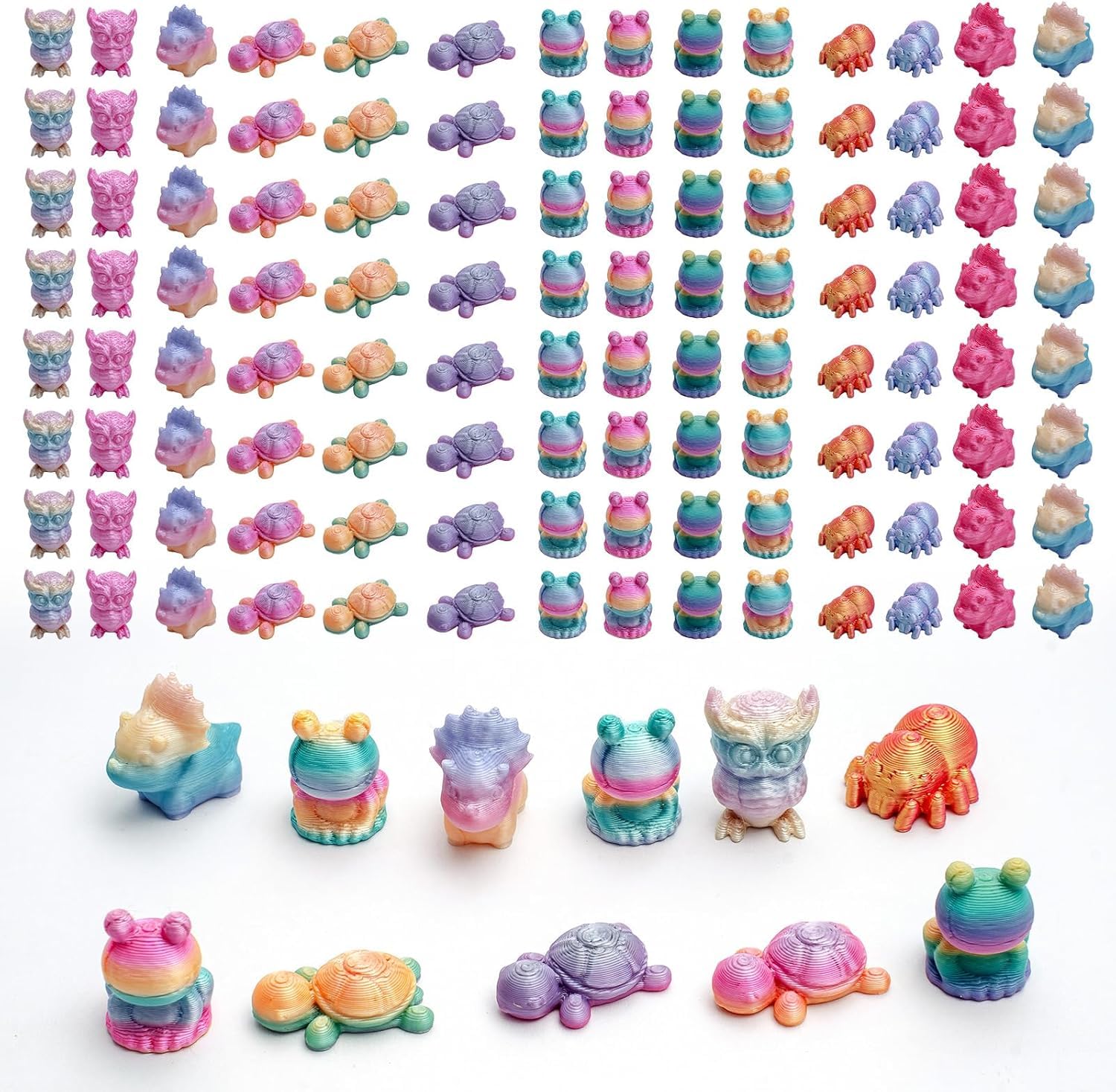 Zestaw figurek zwierząt z nadrukiem 3D, 2 cm, gradientowy kolor, mini nadruk 3D, zwierzęta, luzem (sowa, żaba, nosorożec, pająk i żółw), przyjazne dla środowiska małe zwierzęta do nagród klasowych i