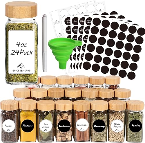 CycleMore 24 tarros de especias con tapas de bambú tarros de especias de vidrio de 4 onzas con etiquetas calcomanías minimalistas en blanco