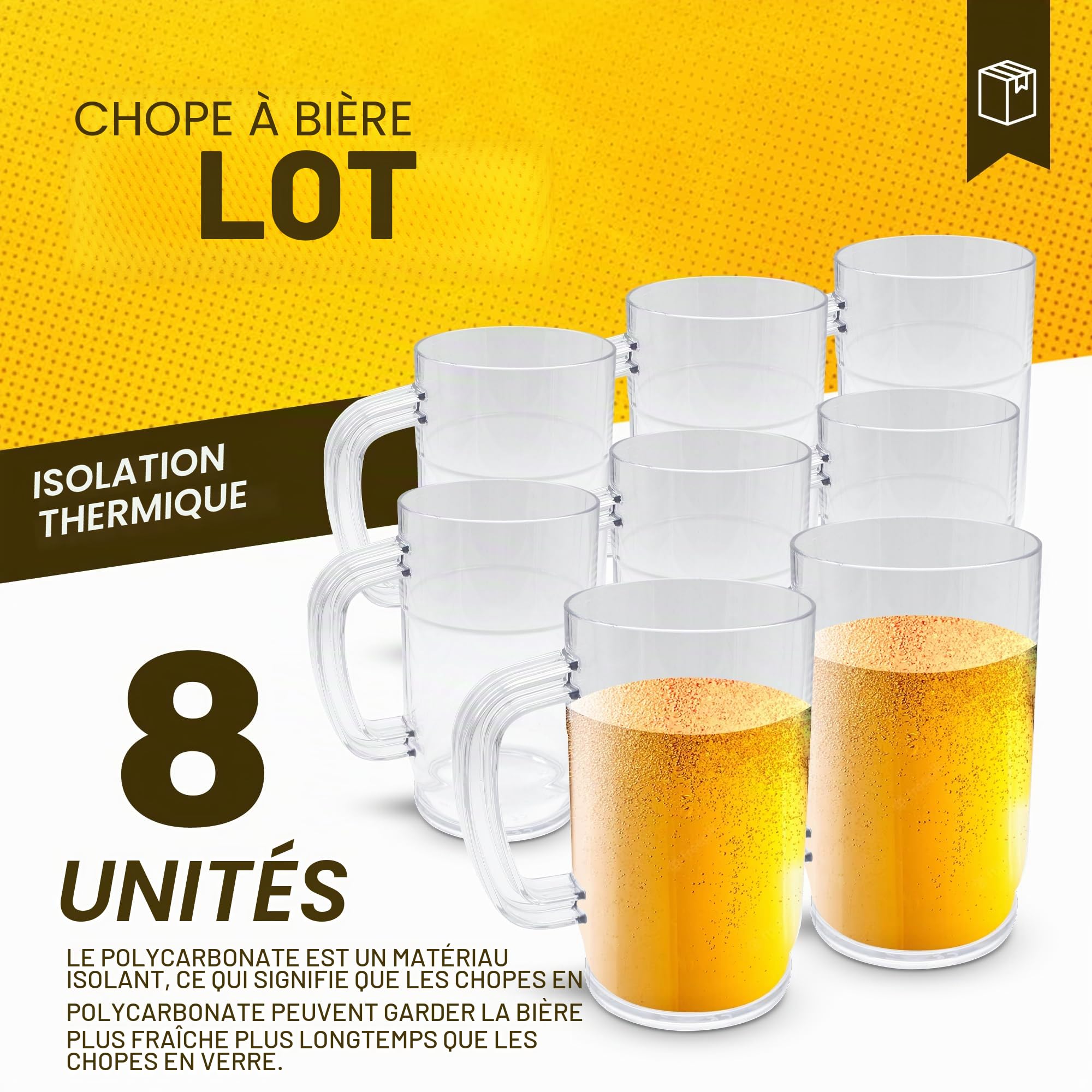 DOJA Barcelona | Chope à Bière | Pack 8 | Verre a Biere 1l | 166 X 97 X 3mm | Verre a Biere avec Anse en Polycarbonate | Chope de Biere | pour Gobelet Plastique Reutilisable, Cadeau Personnalisé,