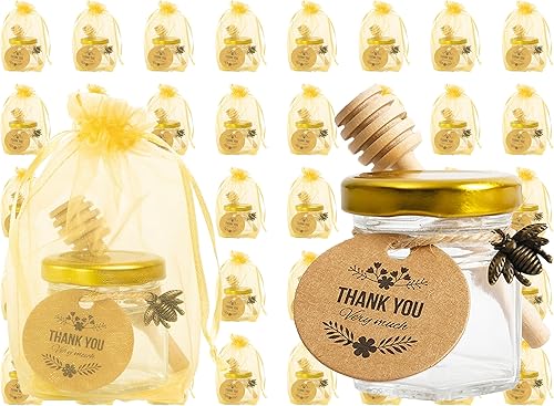 Miniatura 2 de 1.5oz 24 Pack Mini Glass Hexagon Canning Jars with Gold Lid, Bee Charms Pendant, Honey Dipper Sticks, Gold Gift Bags, Thank You Gift Tags, Jute Tag