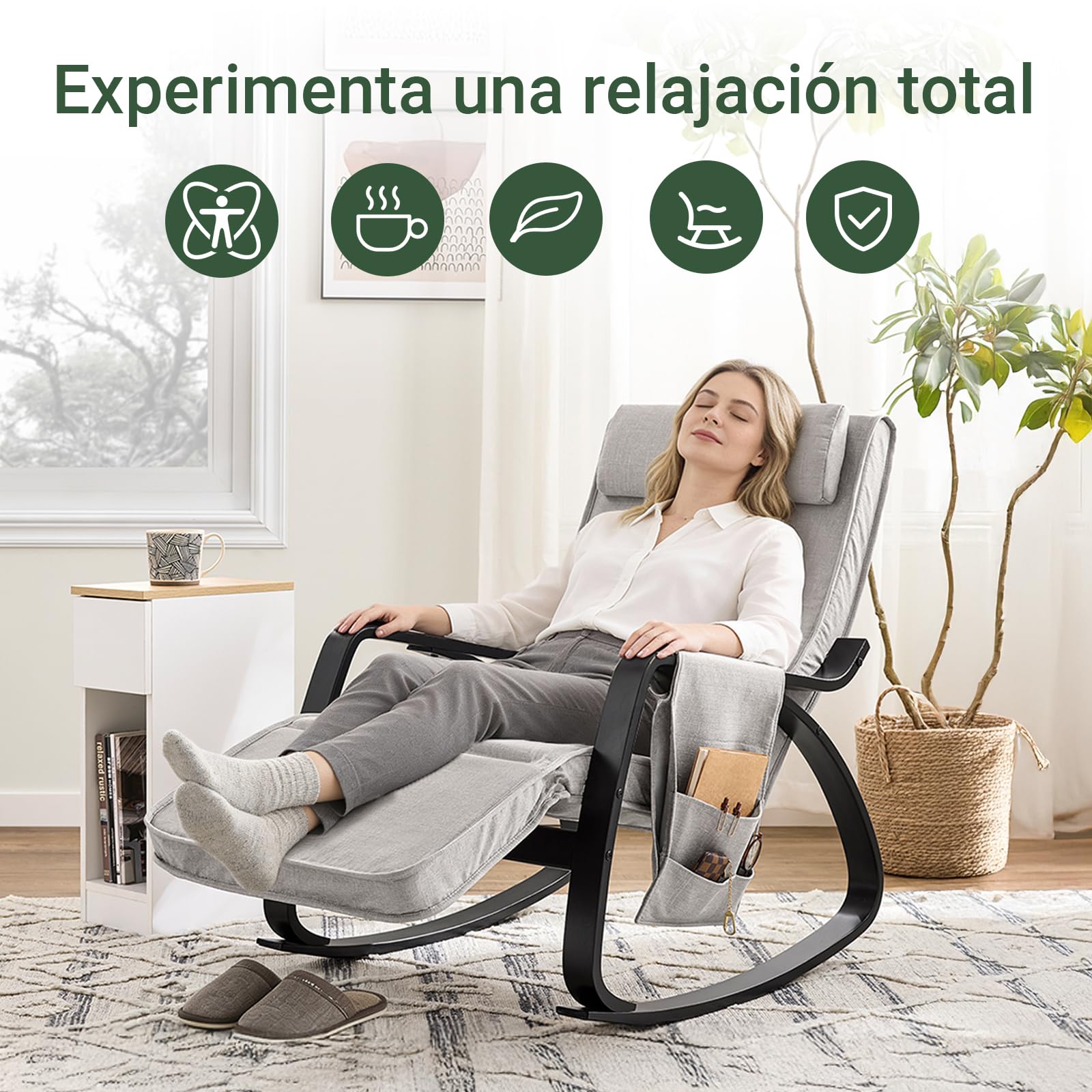SoBuy Mecedora con Cojín, Silla Mecedora con Reposapiés Ajustable y Reposacabezas - Relajante Sillon con Bolsillo Lateral, Gris FST20-HG