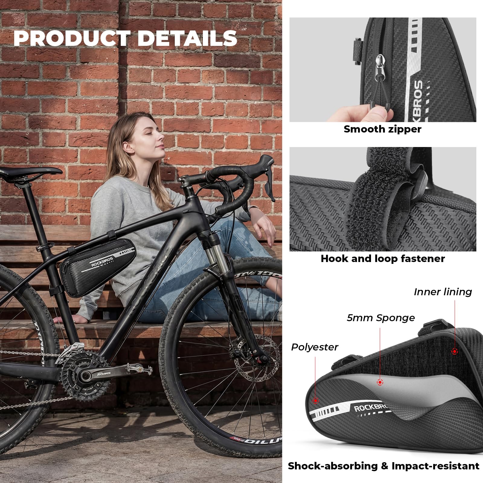 ROCKBROS Borsa da Telaio Triangolo per Bici MTB Triangolare 1.2L con Strisce Riflettenti