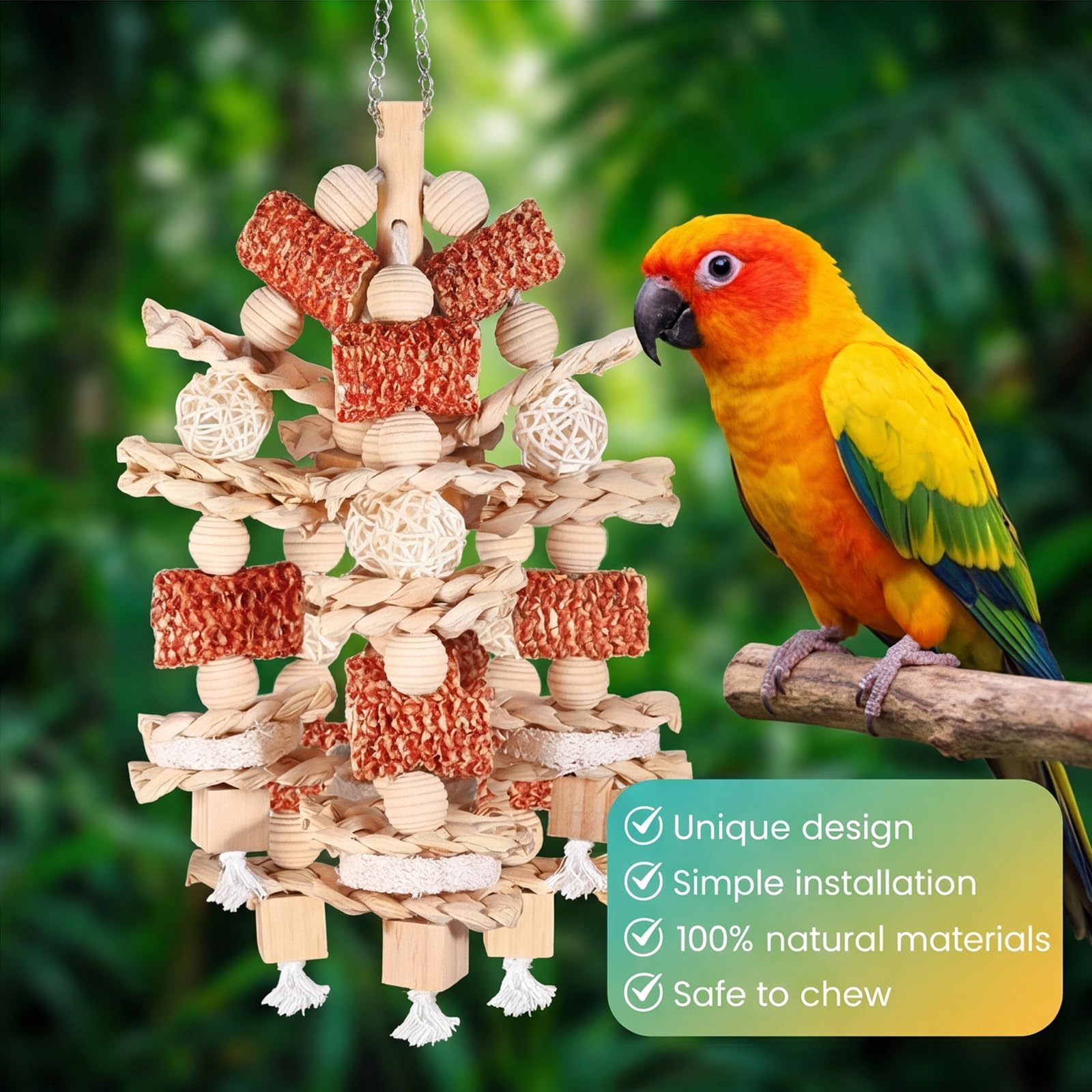 Giochi per Pappagalli in Legno Naturale, Giochi Pappagalli da Masticare con Blocchi di Legno Naturali Appesi per Small Medium parrocchetti Lovebirds fringuelli