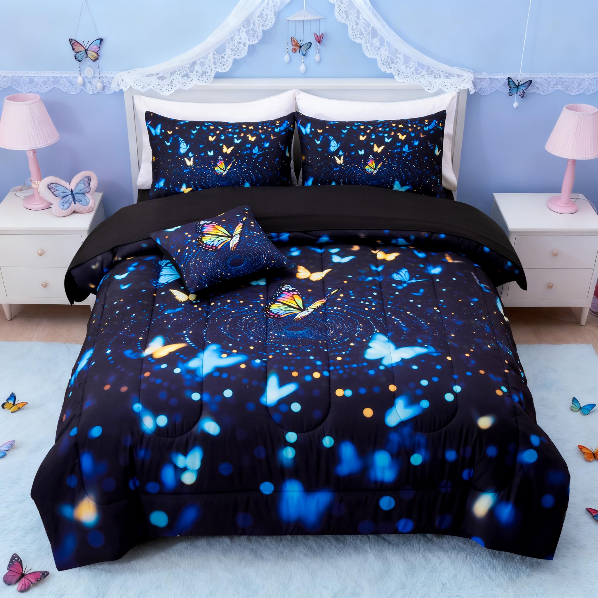 A Nice Night Butterfly 3D Kids Bedding Comforter Set, 6-Piece Twin Comforter Sheet & Pillowcases, Vibrant Neon Night Light Effect for Girls Boys Bedroom, BlackBlue