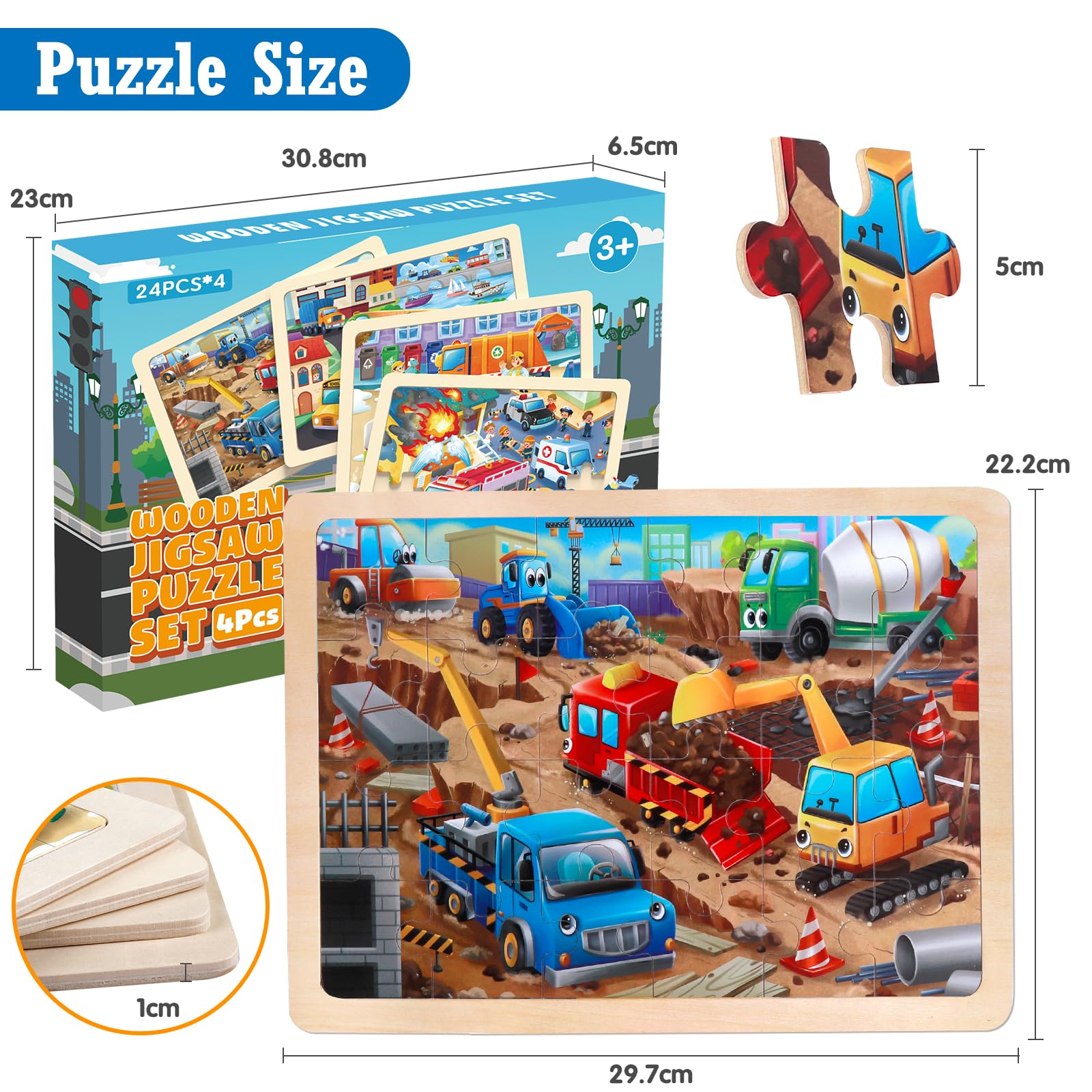 Juego de 4 Puzzle de Madera para Niños, Rompecabezas de 24 Piezas, Puzzle Juego de Coches de Juguete, Juguete Educativo para Infantiles de 3 4 5 6 años, Juguete de Regalo para Niña Niño