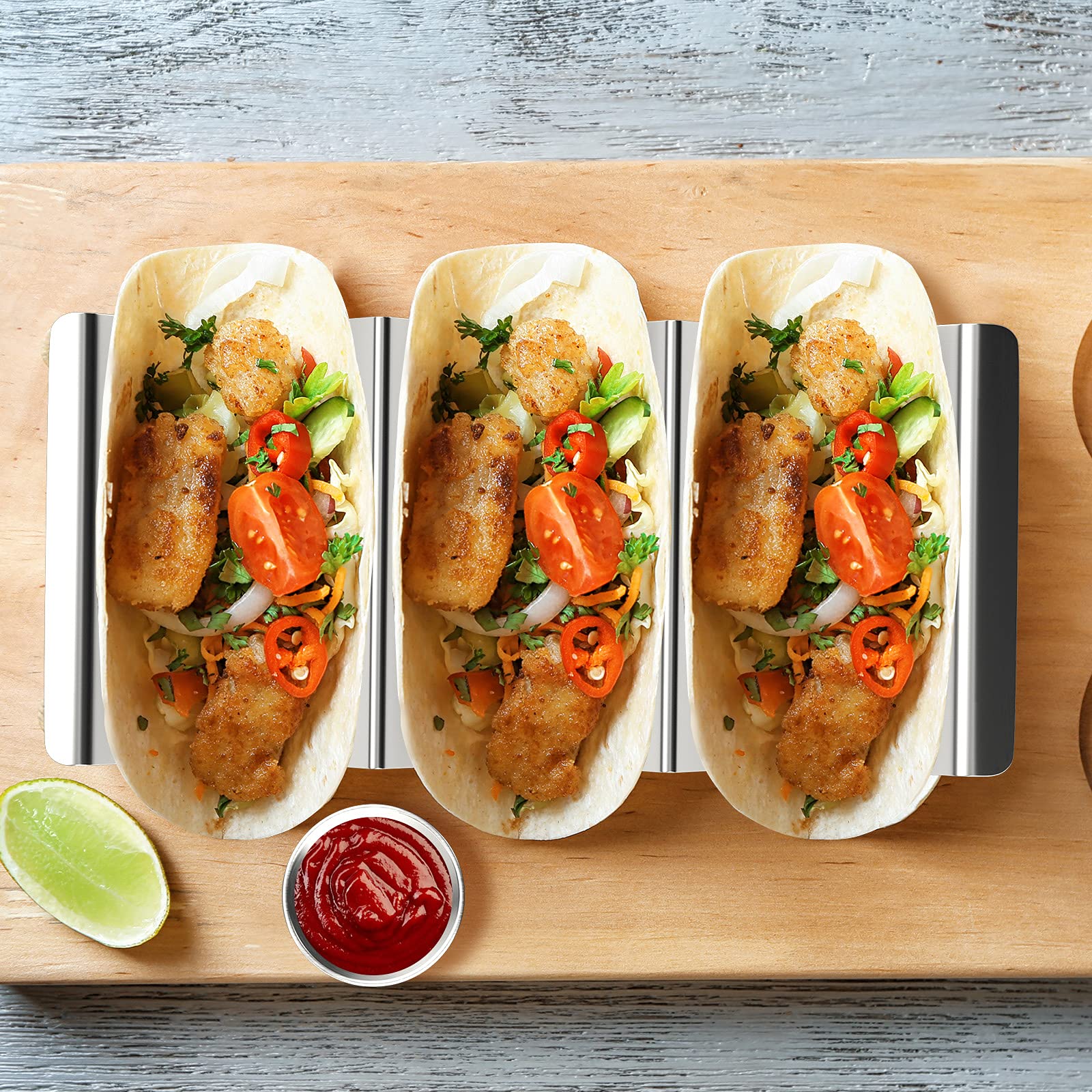 Supporto per tacos Set di 4 in acciaio inossidabile, porta taco con manici, porta taco può contenere fino a 3 tacos, griglia e lavabile in lavastoviglie