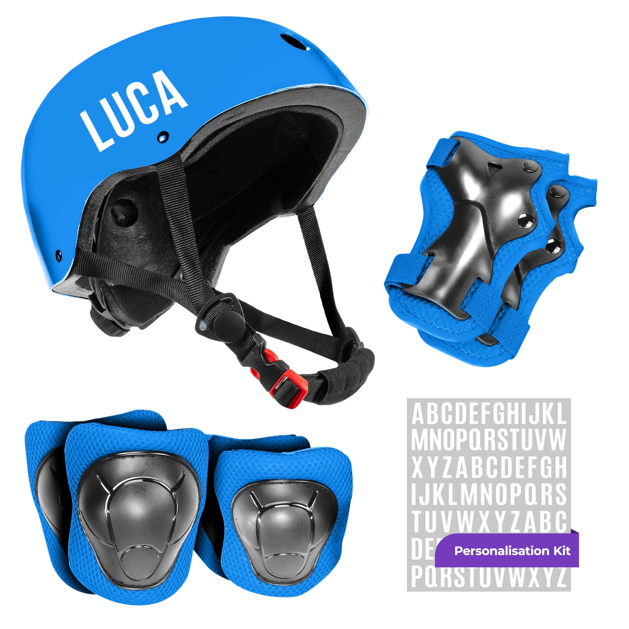 Niftii Kids Helmet with Pads and Personalisation Kit - Adjustable Multi-Sport Complete Safety Gear for Cycling, Skateboarding & Scooting, Ideal for Boys & Girls Ages 3-15, Blue Bike Helmet Set