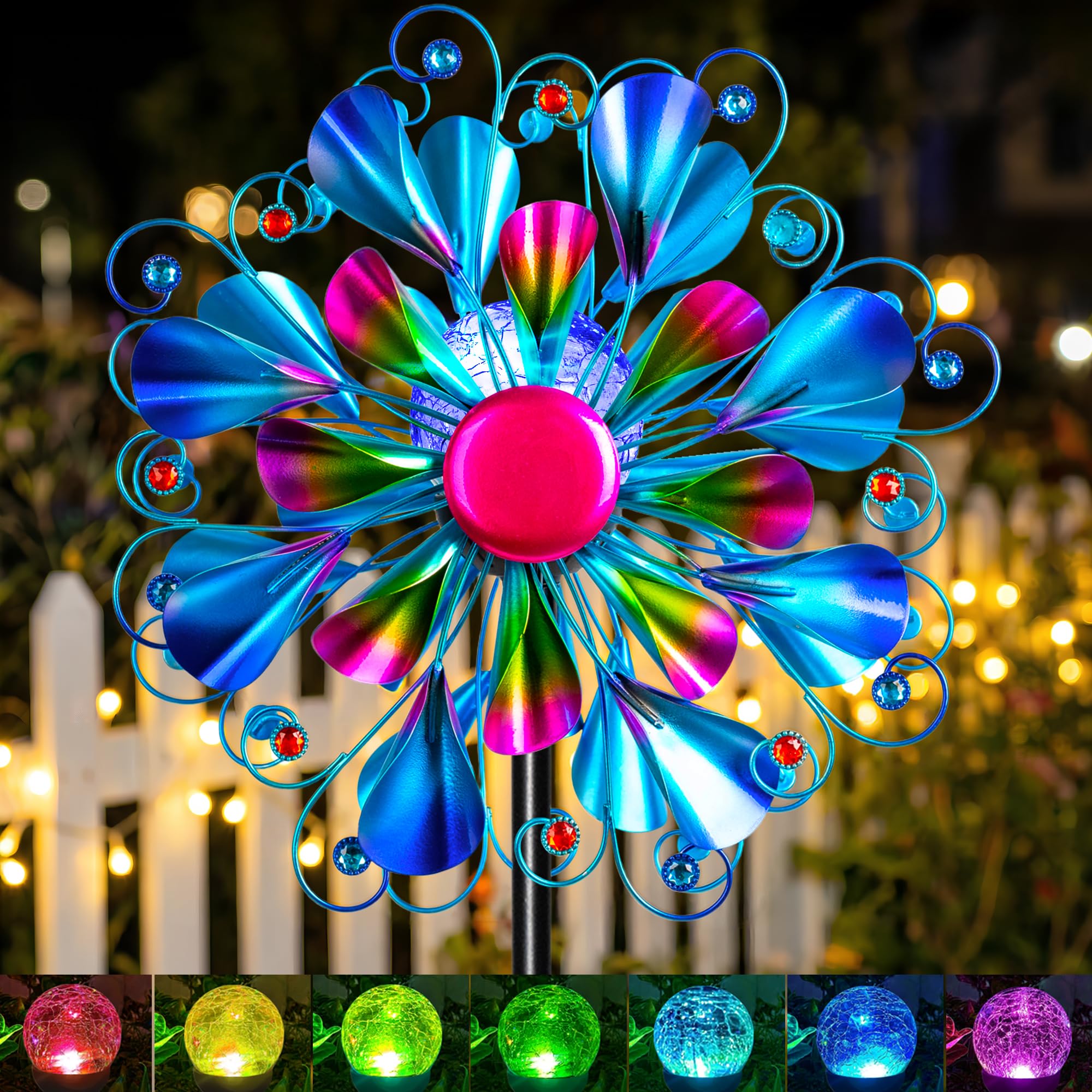 Girandola a vento solare in metallo per esterni, scultura cinetica da giardino con luci LED che cambiano colore, impermeabile, decorazione artistica da cortile per patio, prato, per donne